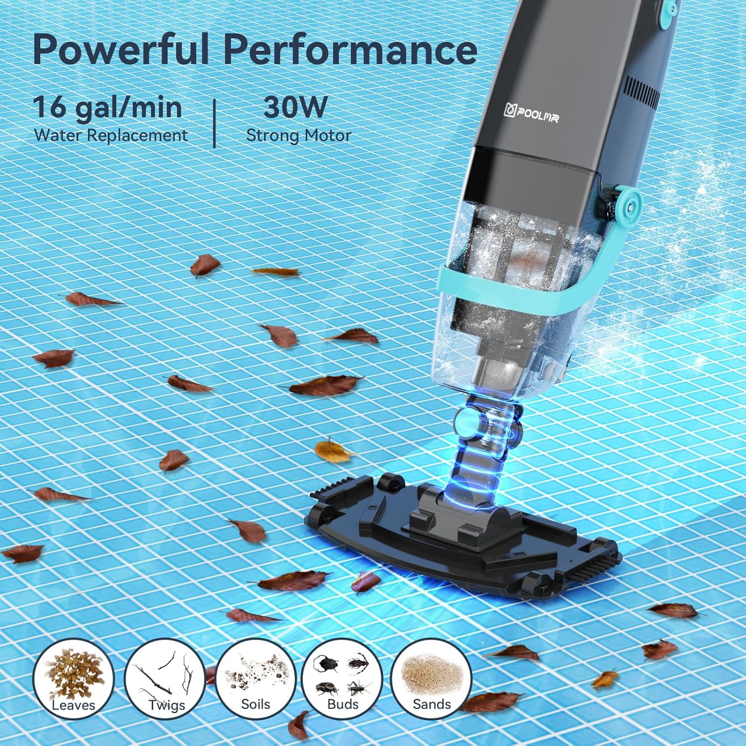 Rechargeable Cordless Pool Vacuum Cleaner - 16 Gal/Min Powerful Suction for Above Ground Pools, Hot Tubs & Spas - 60 Min Runtime Underwater Cleaning - Ideal for Leaves, Dirt & Debris Removal - Perfect for Backyard, Vacation Homes & Swimming Pool Maintenance (Black)