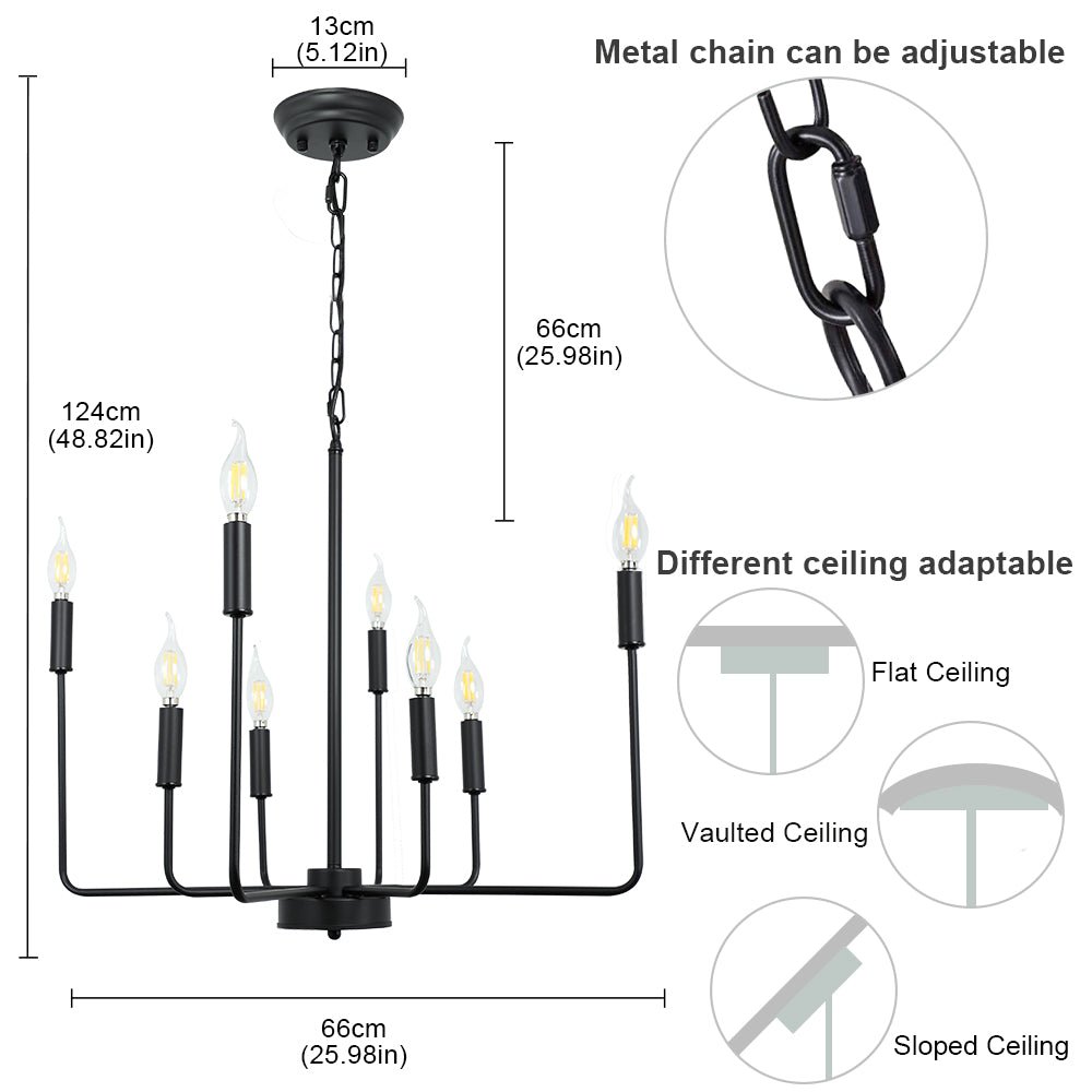 Depuley Black Farmhouse Candle Chandelier Lighting - 8-Light Classic Iron Ceiling Fixture with Industrial Flush Mount Pendant Lamp | Perfect for Dining Room, Kitchen Island & Rustic Home Decor