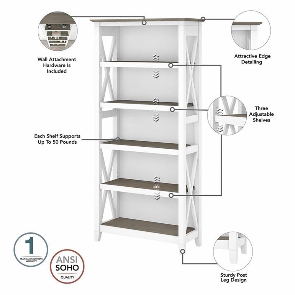 BOWERY HILL 5-Shelf Coastal Wood Tall Bookcase - Shiplap Gray & White - Perfect for Beach House, Farmhouse & Living Room Storage
