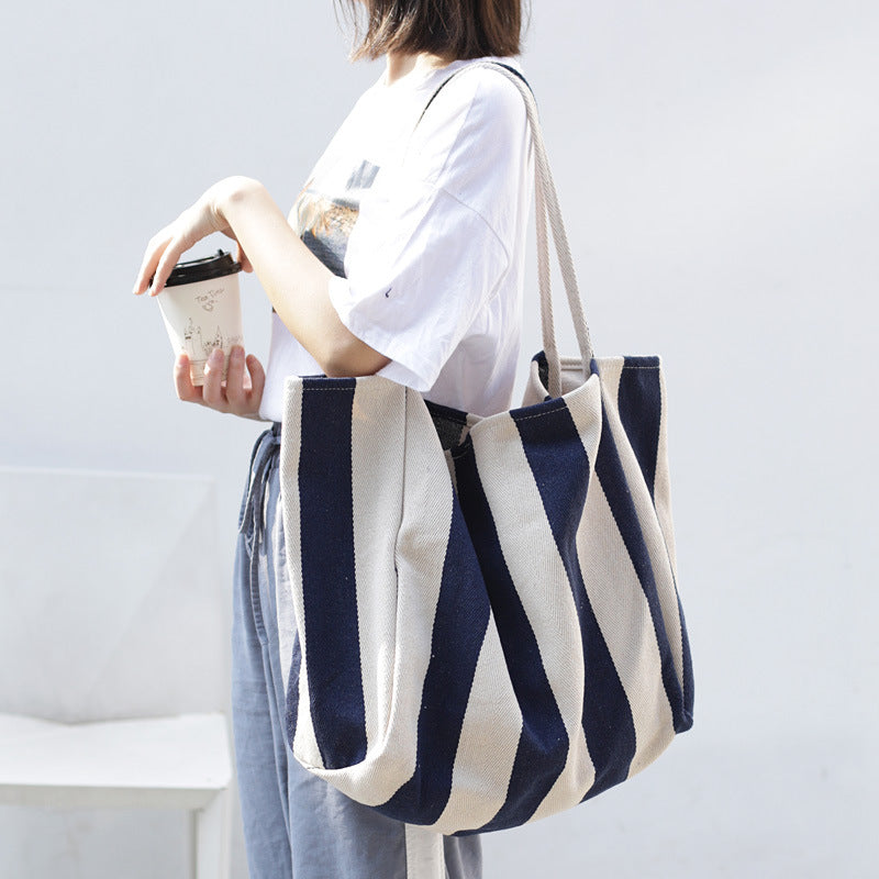 Stylish Striped Canvas Tote Bag for Women - Large Capacity Fashion Shoulder Bag - Durable Casual Shopping Tote - Perfect for Groceries, Beach Trips & Daily Essentials