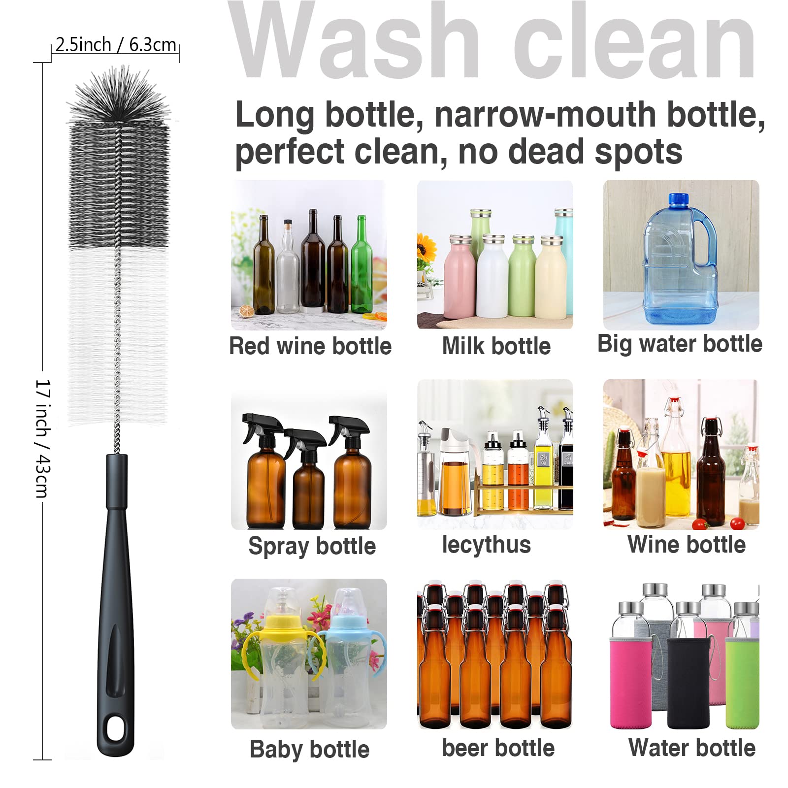 5-Pack Multipurpose Bottle Cleaning Brushes Set - Long Handle Brush for Wine, Beer, Thermos, S'Well & Sports Water Bottles - Includes Kettle Spout Brush and Straw Cleaner (Black) - Perfect for Home, Kitchen, Camping and Office Use