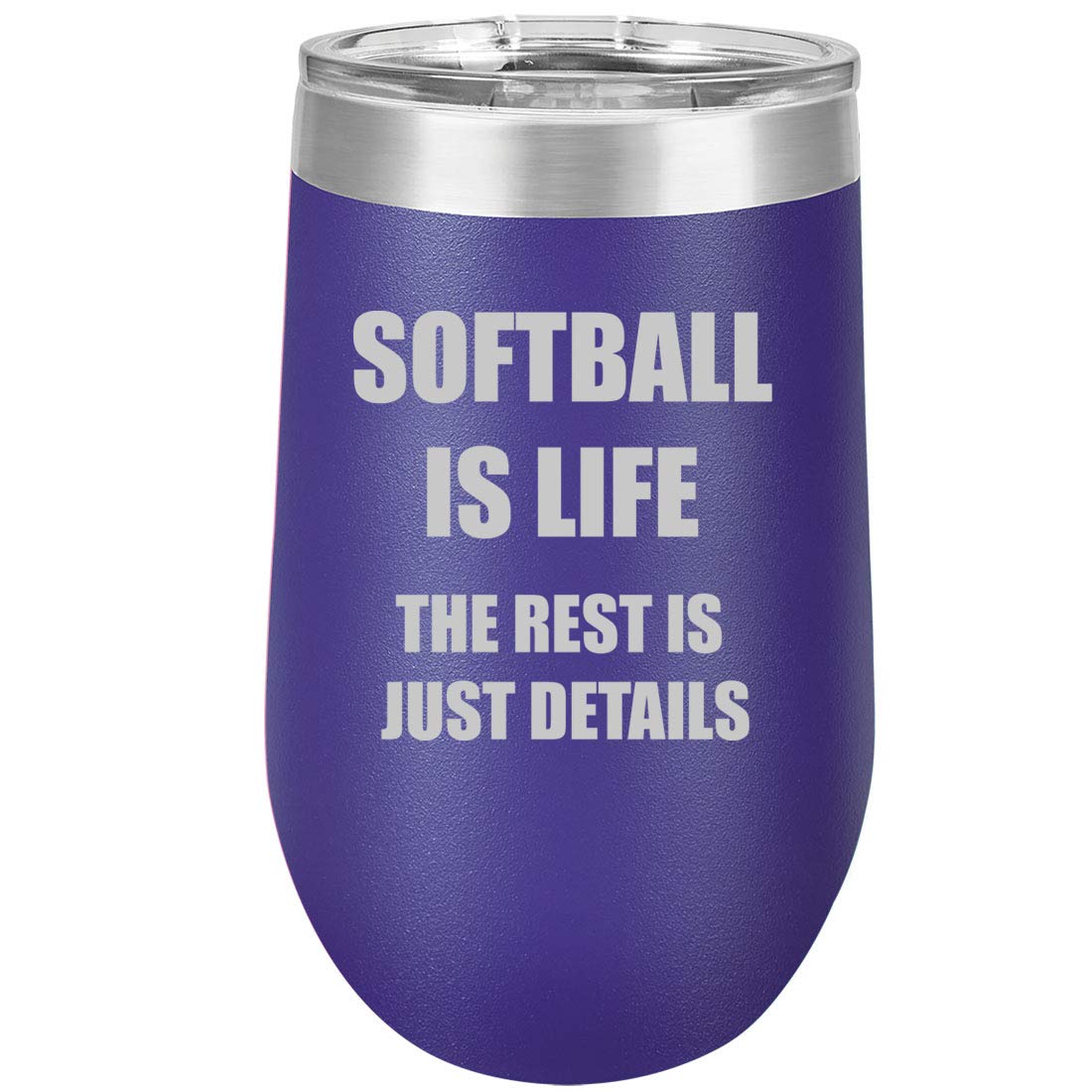 16 oz Double Wall Vacuum Insulated Stainless Steel Wine Tumbler - Stemless Coffee Travel Mug with Lid & Non-Slip Base - Softball Themed Purple Cup for Hot/Cold Drinks - Perfect for Office, Gym, Camping & Outdoor Activities