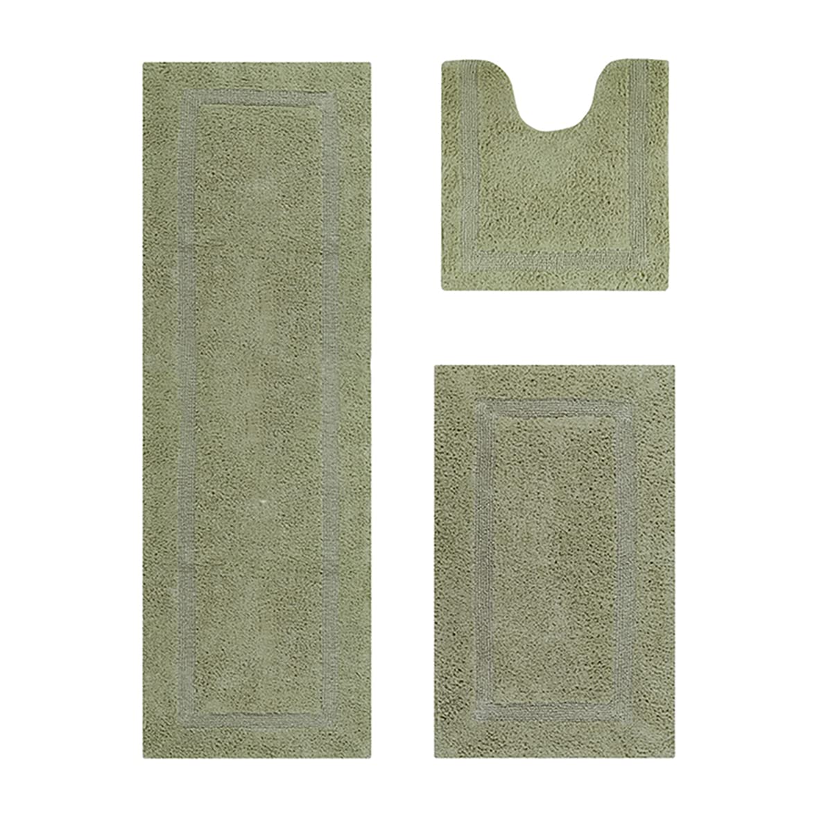 Better Trends 3-Piece Bathroom Rug Set - Sage Green Reversible Cotton Bath Mats, Absorbent & Machine Washable, Includes Rectangle, Contour & Runner for Bathroom Floor Decor - Perfect for Bathtub, Toilet & Shower Areas - Lux Collection Home Essentials