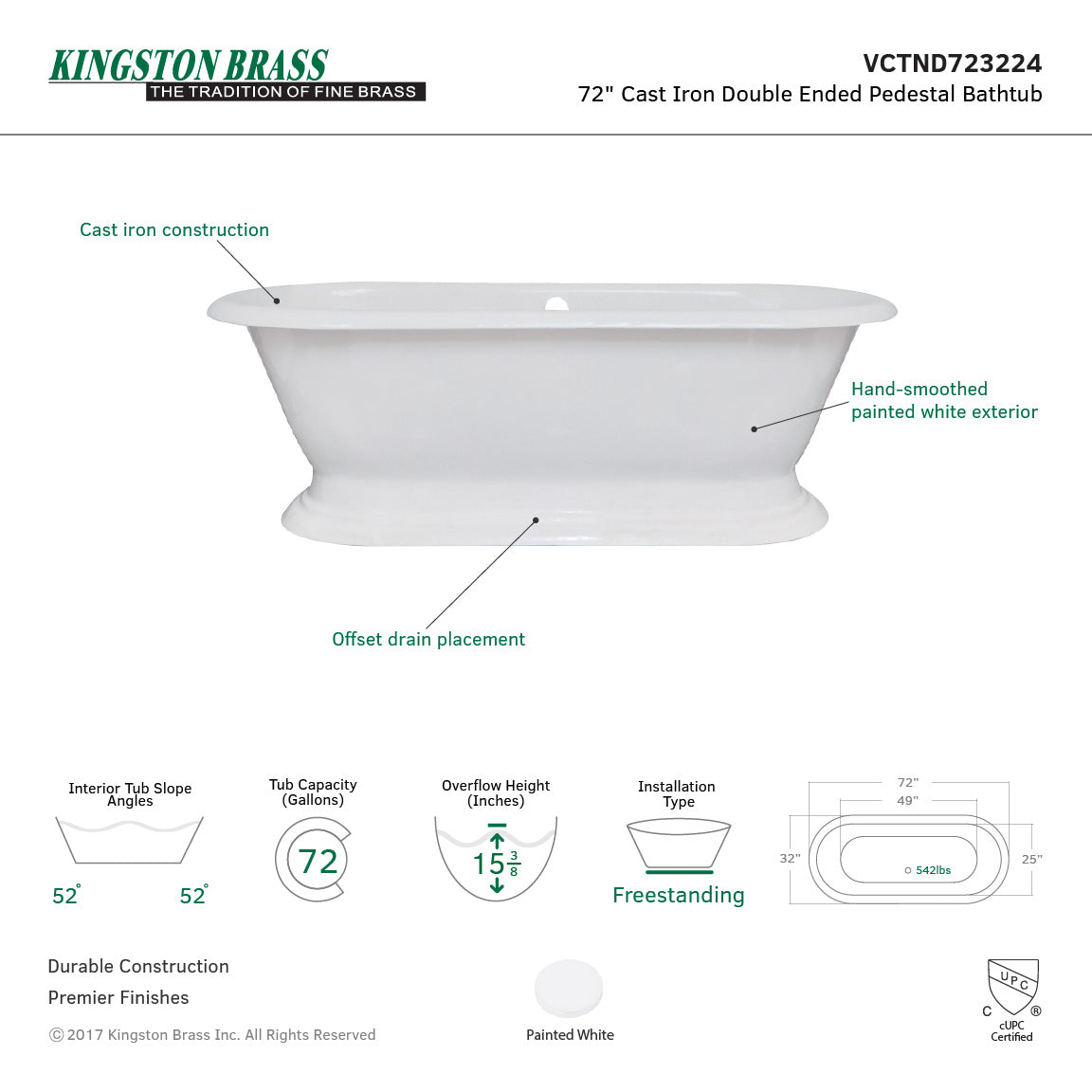 Aqua Eden 72 Inch White Cast Iron Oval Double Ended Pedestal Bathtub - No Faucet Drillings | Freestanding Soaking Tub for Luxury Bathroom & Spa Relaxation