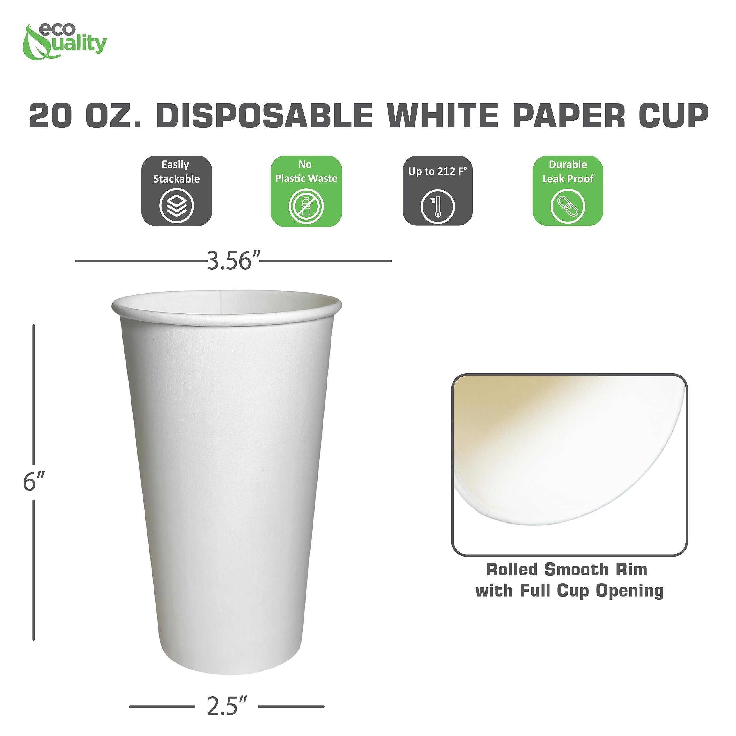 20oz White Disposable Paper Coffee Cups - Extra Large 20 Ounce Bulk Pack of 1000 - Hot Beverage Cups for Coffee, Tea, Cappuccino, Hot Chocolate & Chai Latte - Ideal for Office, Cafes, Travel & Events - Eco-Friendly & Recyclable