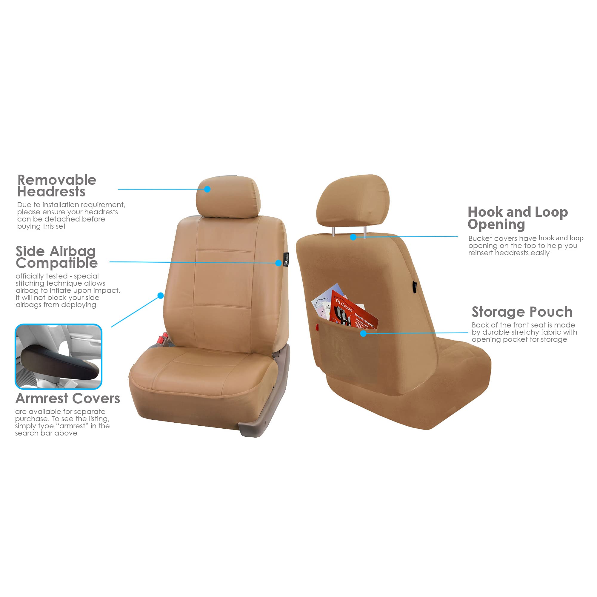 FH Group Classic PU Leather Car Seat Covers Set - Airbag Compatible, Universal Fit for Cars, Trucks & SUVs (Solid Tan) | Premium Protection & Style for Daily Commute, Road Trips & Family Outings