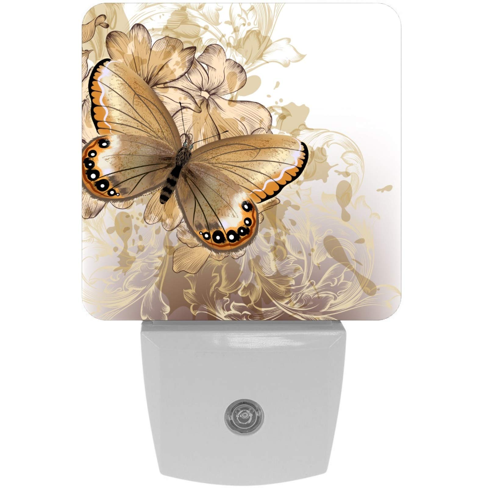 Butterfly Night Lights Plug in Wall - Auto Sensor Dusk to Dawn LED Night Light for Kids Room, Bedroom, Bathroom (2 Pack) | Energy Saving Decorative Lighting for Hallway, Stairs & Nursery | Floral Background Design