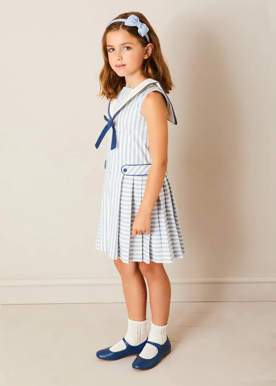 Blue Regency Striped Mariner Collar Pleated Sleeveless Dress for Girls 2-10 Years | Summer Beach Party, Vacation Outfit, Casual Playdate Dress