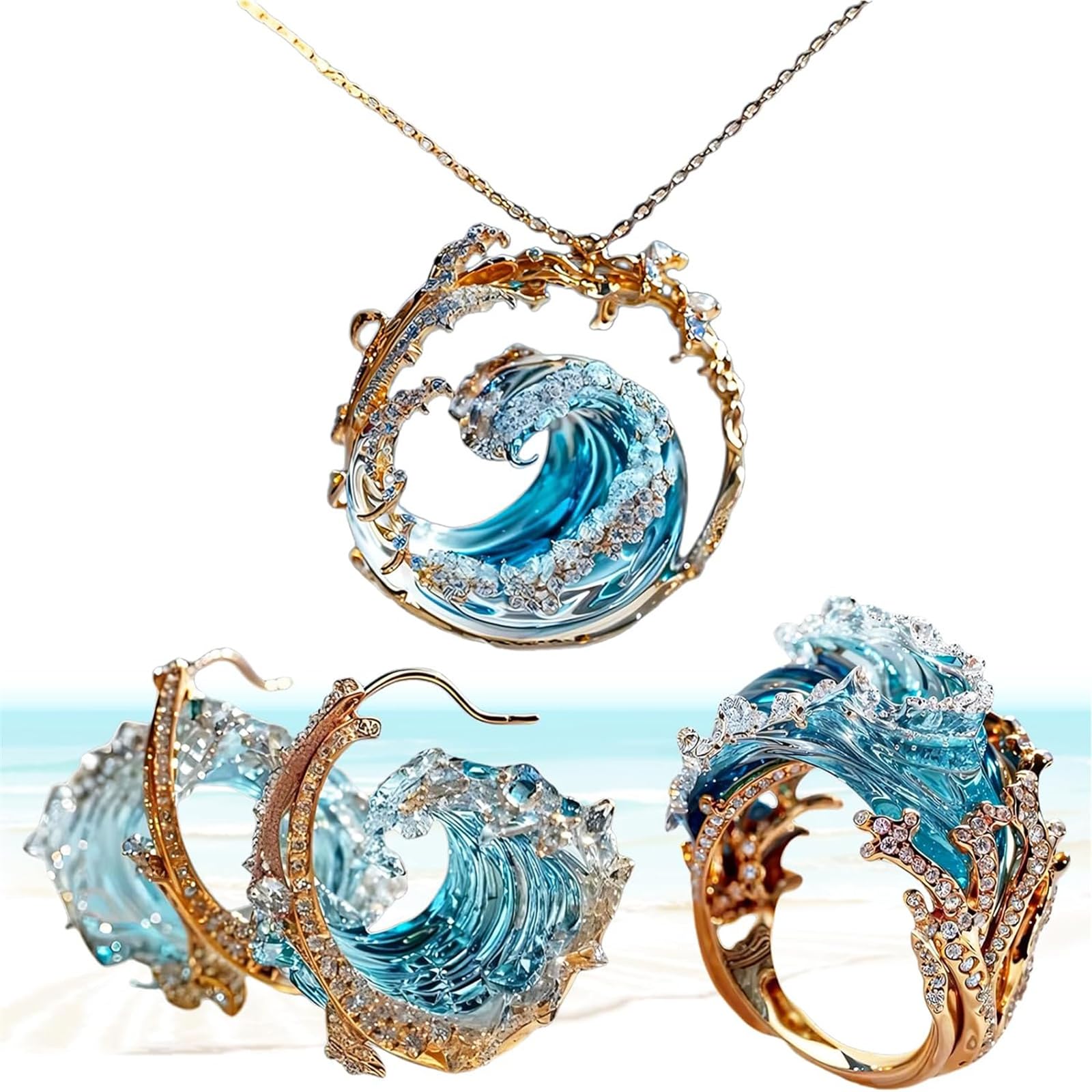 Ocean's Oath Jewelry Set - Boho Blue Ocean Wave Necklace & Earrings for Women | Stylish Summer Beach Jewelry Gift for Girls, Mom, Wife | Perfect for Vacations, Weddings, and Boho Fashion