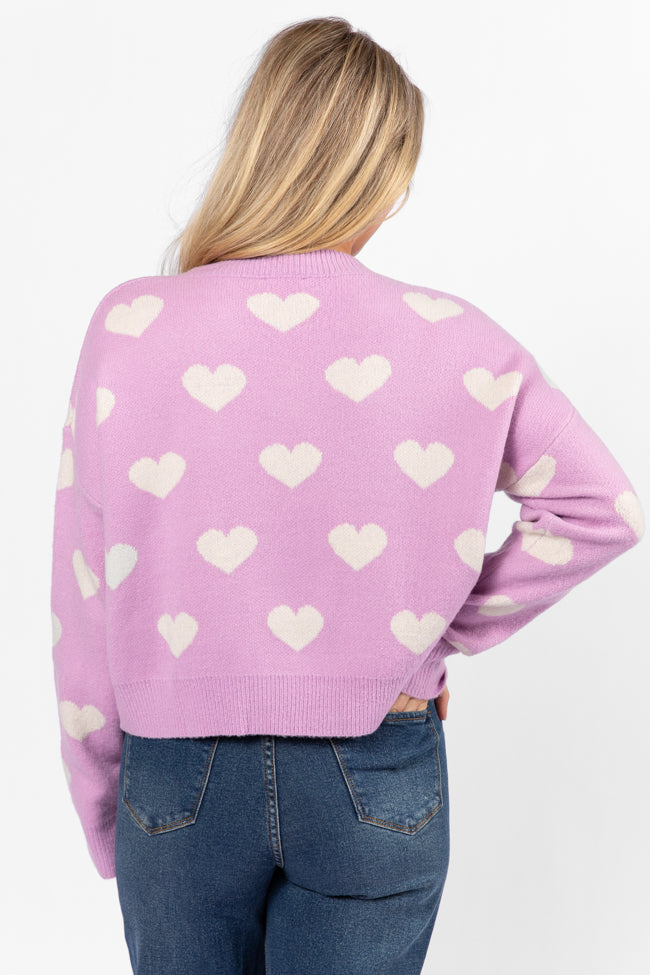 By The Book Lilac Hearts V Neck Sweater for Women - Cozy Knit Pullover Perfect for Date Night, Office Wear & Casual Outfits (Final Sale)
