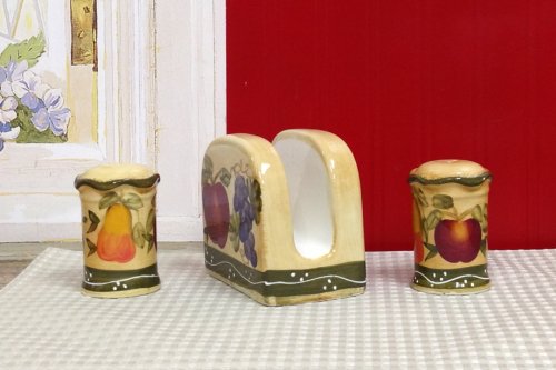 Hand Painted Ceramic Fruit Salt and Pepper Shakers Set with Napkin Holder - Refillable Kitchen Décor for Dining Table, Countertop, and Party Serving