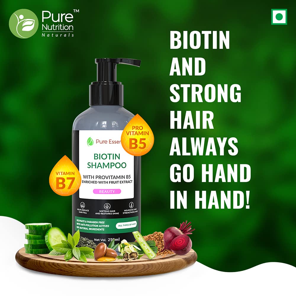 Pure Nutrition Biotin Shampoo 250ml - Hair Growth Treatment for Thicker Hair, Reduces Hair Loss & Strengthens Strands | Scalp Care for Healthy Hair | Men & Women | Daily Use for Damaged, Thin or Brittle Hair