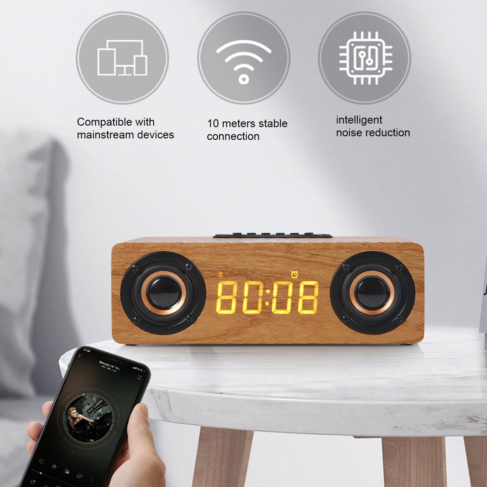 Cuifati Wireless Bluetooth Speaker with LED Alarm Clock, USB Charging Station & FM Radio - Retro Style Bedroom Speaker for Music, MP3 Playback (Light Walnut) | Perfect for Home Decor, Nightstand Use & Gift Giving