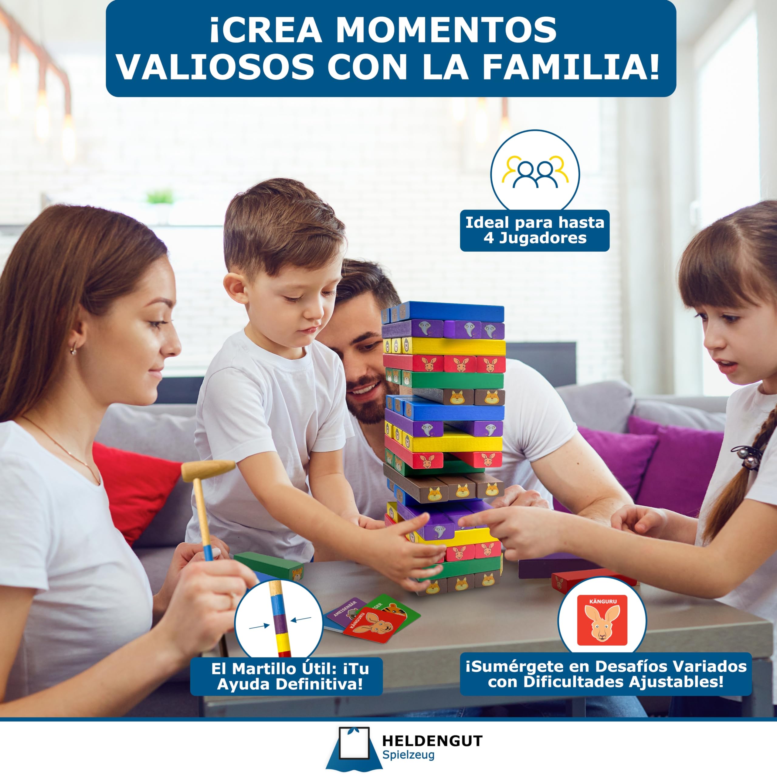 HELDENGUT® 4-in-1 Wooden Wobble Tower Stacking Game for Kids Ages 3+ | Premium Montessori Learning Toy for Toddlers & Preschoolers - Perfect Gift for Boys & Girls (Indoor Play, Birthday Party, Early Childhood Education)