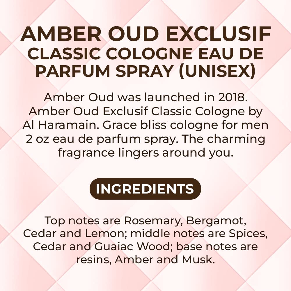 Amber Oud Exclusif Classic Cologne Eau de Parfum Spray - Unisex Fragrance for Men & Women (2 oz) | Long-Lasting Luxury Scent for Date Night, Special Occasions & Everyday Wear