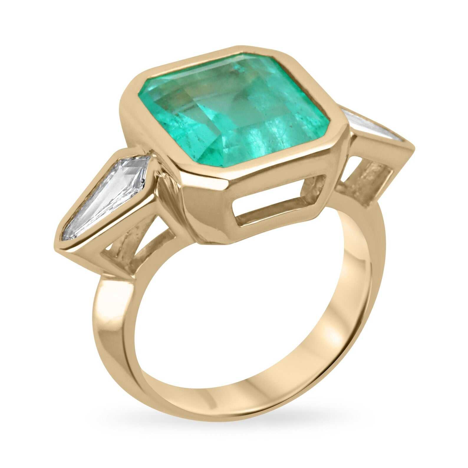 7.49tcw Colombian Emerald & Kite Diamond Three Stone Ring in 18K Gold Bezel Setting - Perfect for Engagement, Anniversary & Special Occasion Jewelry Gifts