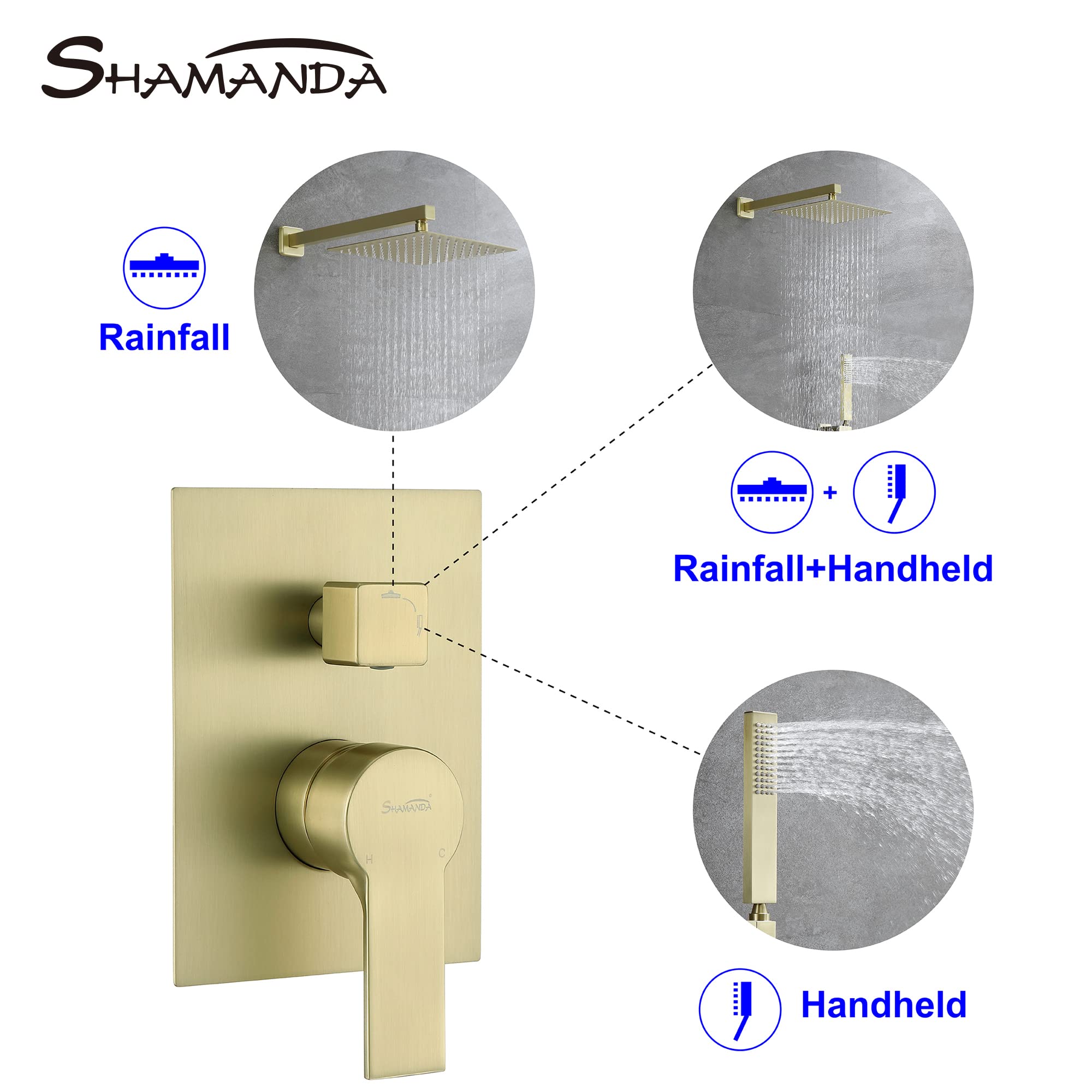 SHAMANDA 10-Inch Rain Shower Head with Handheld Sprayer - Pressure Balancing Shower System Combo Set in Brushed Gold - Wall Mount Bathroom Faucet with Rough-In Valve (Model L701-3) - Perfect for Luxurious Spa-Like Showers and Modern Bathroom Upgrades