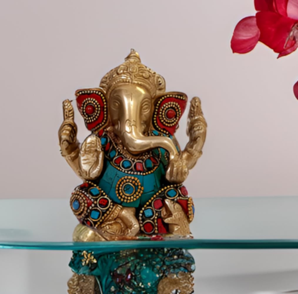 Handmade Solid Brass Lord Ganesha Statue with Turquoise Gemstone - Hindu God Ganapathi Vinayaka Idol for Home Altar, Meditation & Spiritual Decor