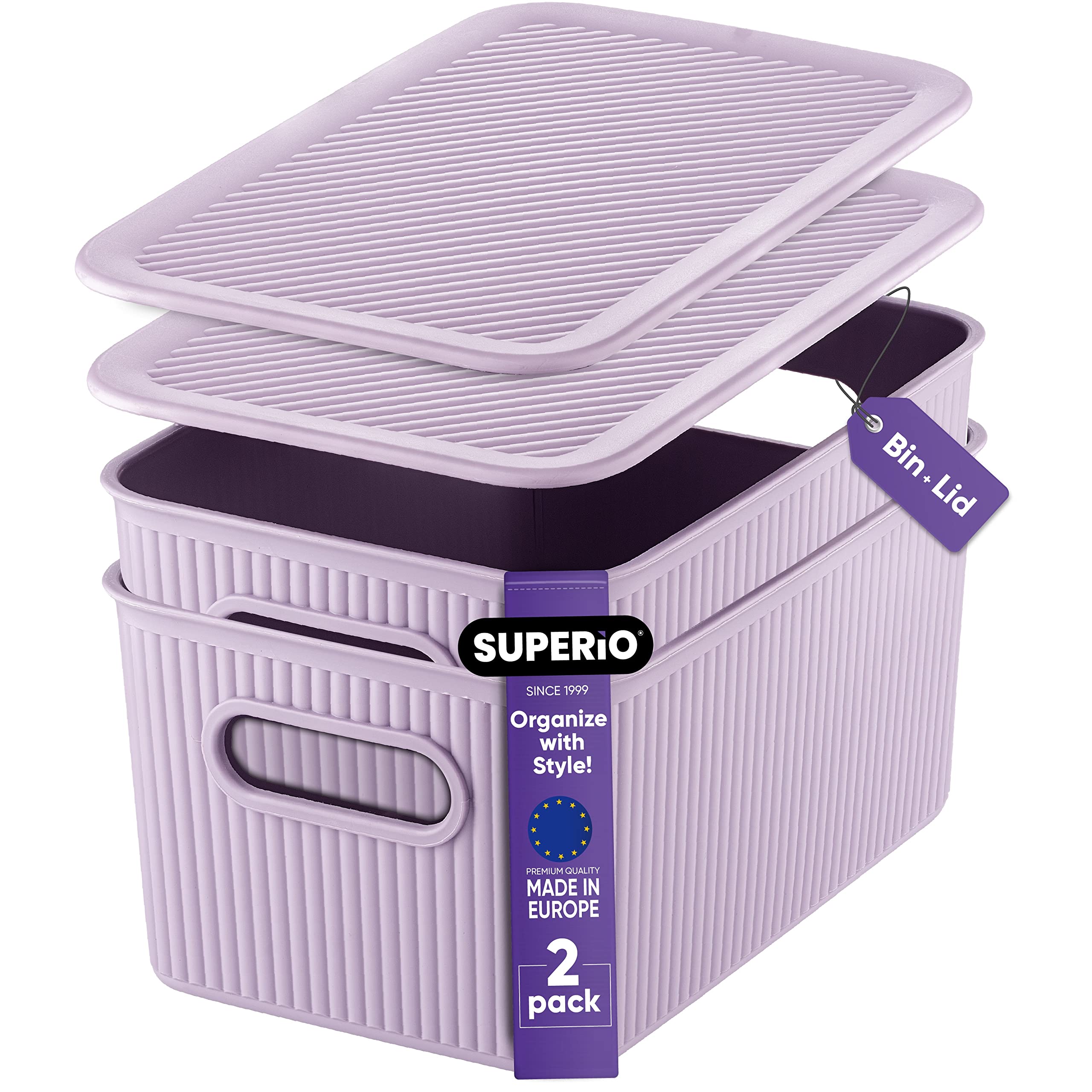 Superio Ribbed Collection - Decorative Plastic Lidded Storage Bins Organizer (2-Pack, 5L, Medium Lilac Purple) - Stackable Home Organization Baskets for Closet, Shelf, Drawer & Pantry Organization | Perfect for Bedroom, Bathroom & Office Storage Solutions