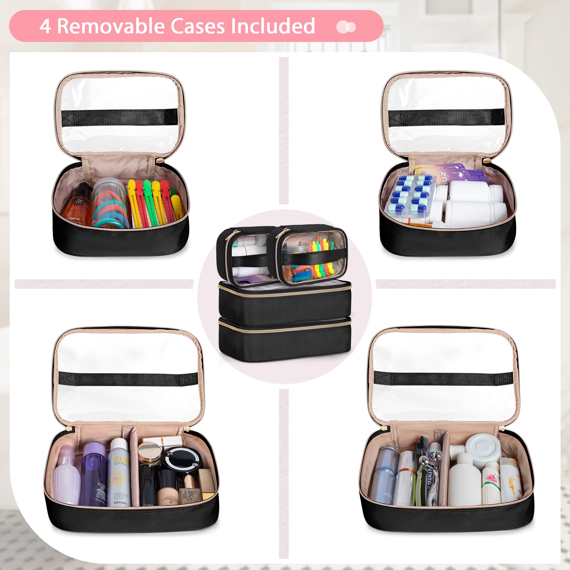 Large Travel Makeup Organizer Bag for Women with 4 Cases & Pockets - Perfect for Vacation & Business Trips