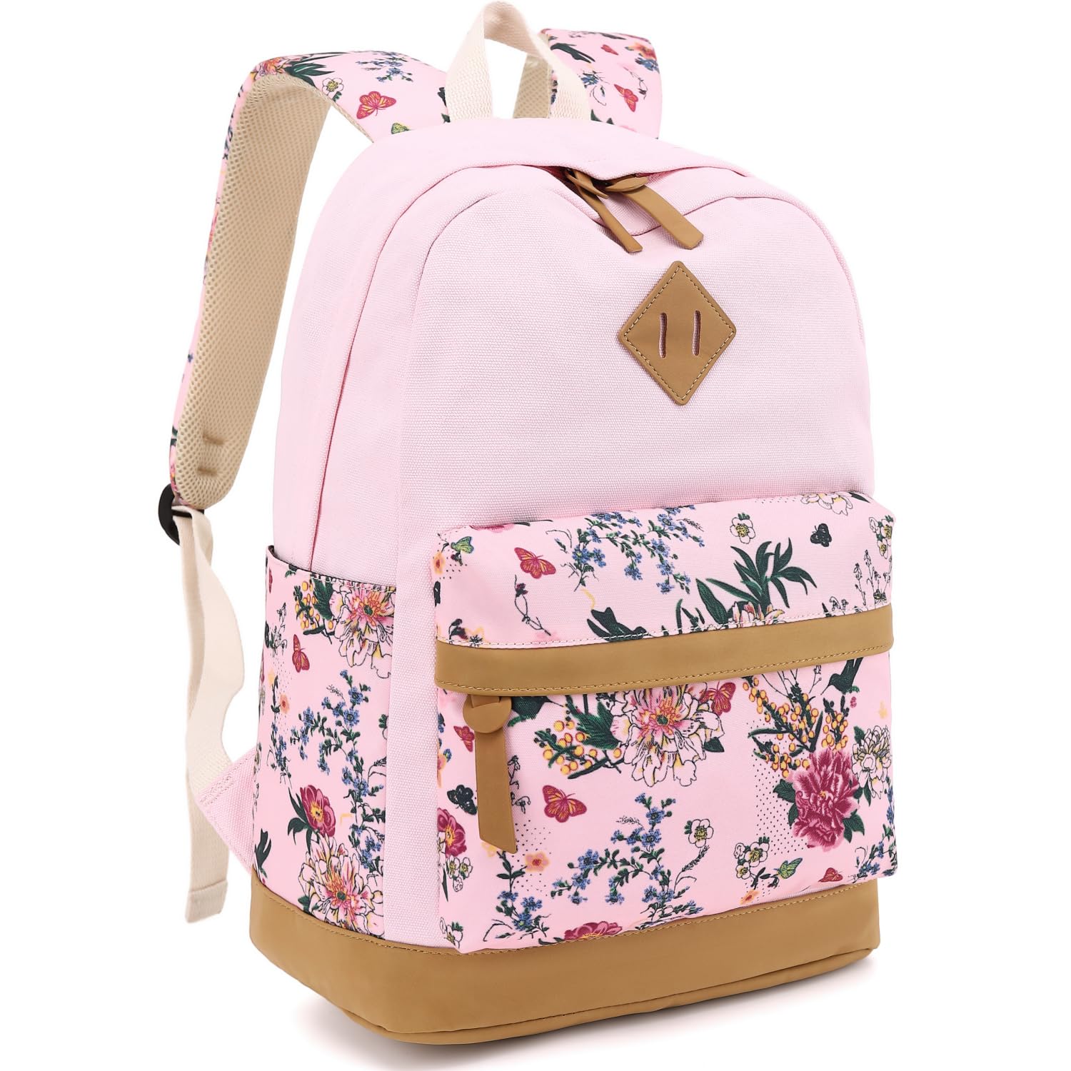 Leaper Girls Cute Floral Pink Backpack - Waterproof Canvas School Backpack for Women & Kids, Laptop Bookbag for College, Travel & Daily Use - Kawaii Fashion Backpack for School, Work & Outdoor Activities