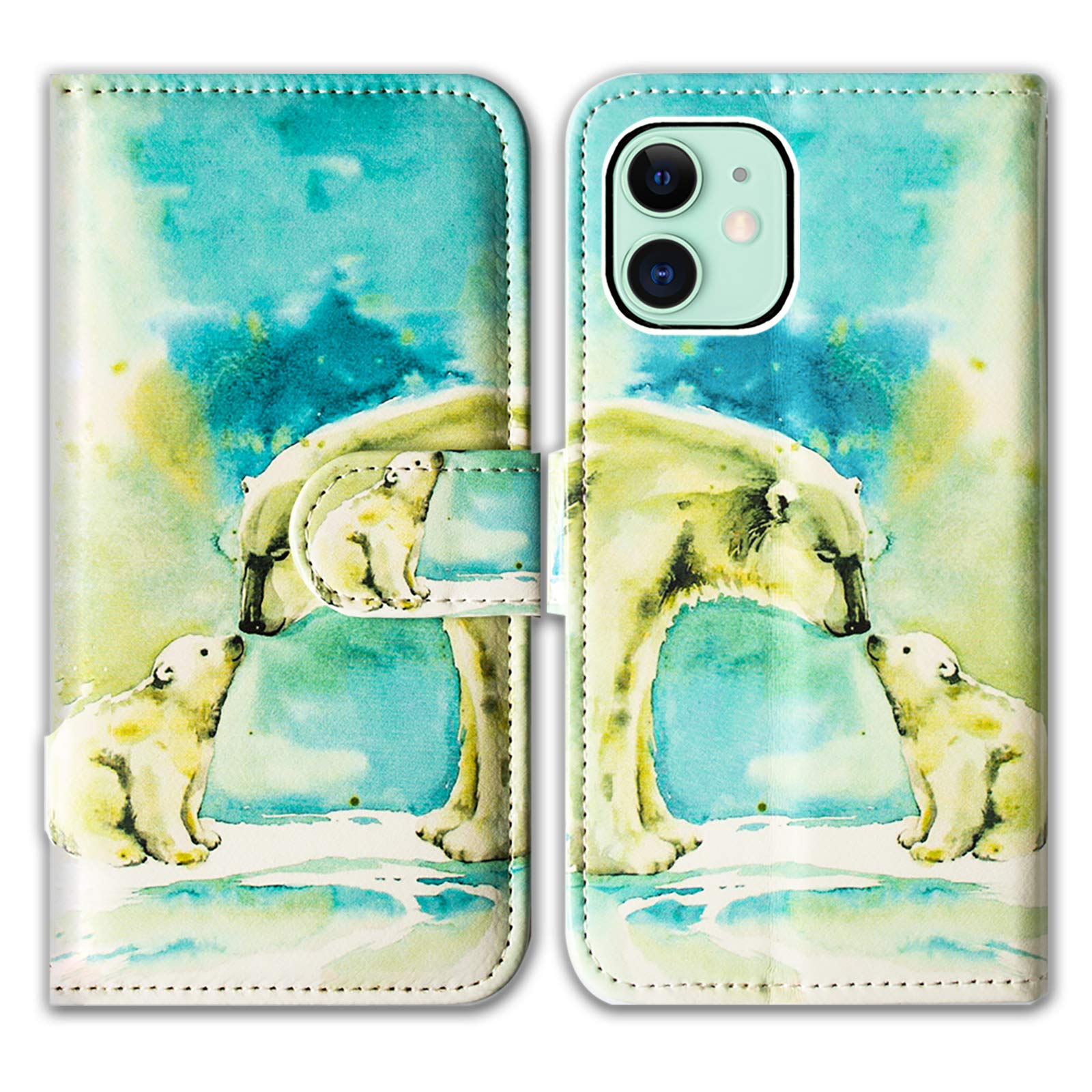 Premium Polar Bear Mother & Baby Leather Flip Wallet Case with Card Slots & Kickstand for iPhone 12/12 Pro - Protective Phone Cover for Everyday Use, Travel & Commuting