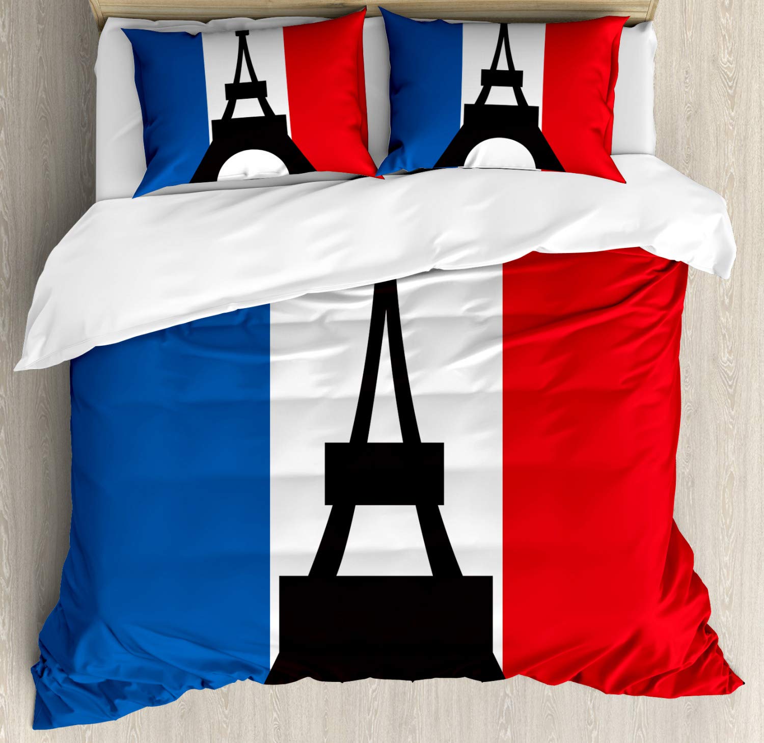 Ambesonne Parisian Eiffel Tower Duvet Cover Set - Geometric French Flag Design 3-Piece Queen Bedding Set with 2 Pillow Shams in Cobalt Blue & Dark Coral | Perfect for Paris-Themed Bedrooms, French Decor & Travel Lovers