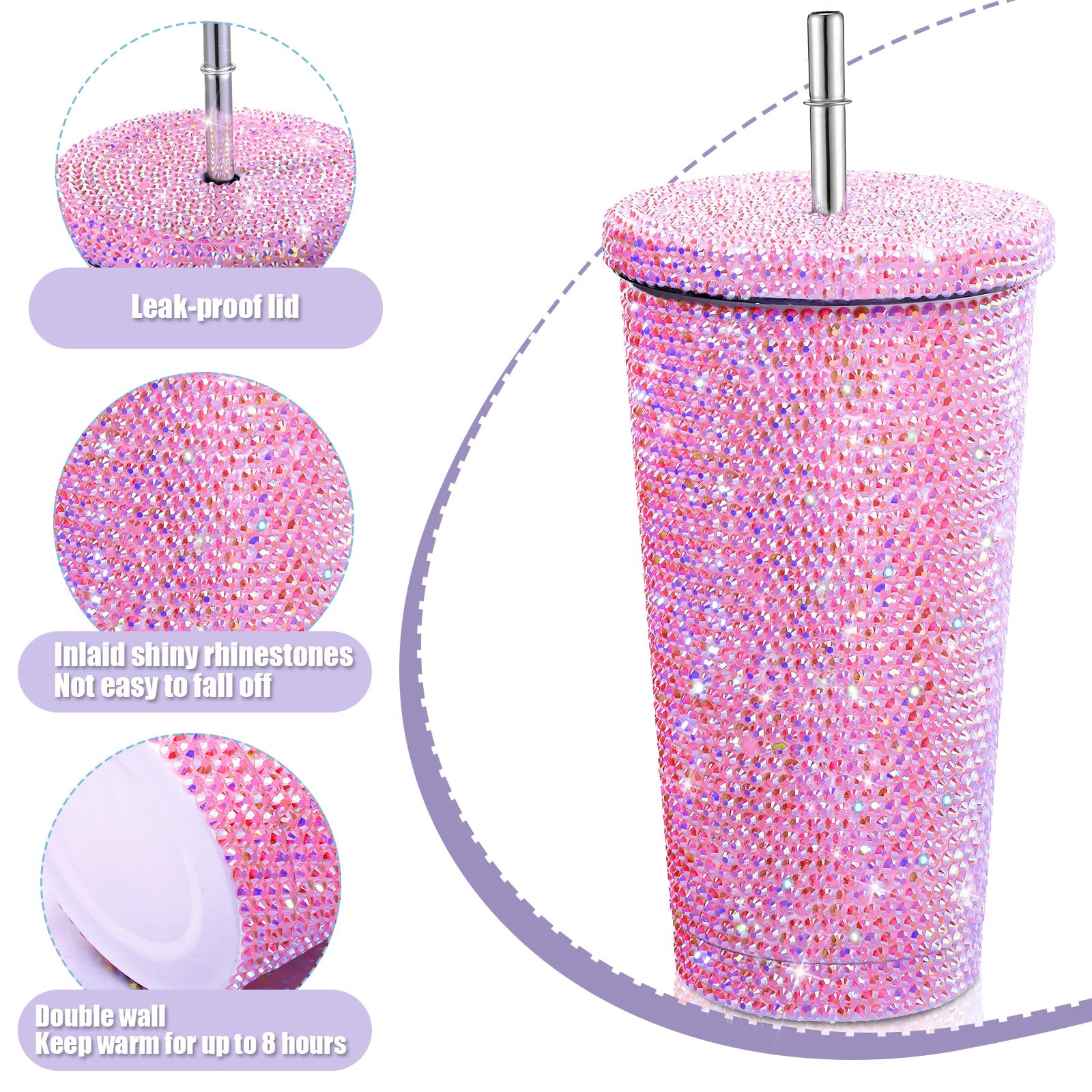 Sparkling Studded Rhinestone Tumbler - 16.9oz Stainless Steel Vacuum Insulated Water Bottle with Lid & Straw | Diamond Glitter Thermal Cup with Cleaning Brushes (1 Cup Brush + 6 Straw Brushes) | Perfect for Women's Gym, Office & Outdoor Activities (AB Pink)