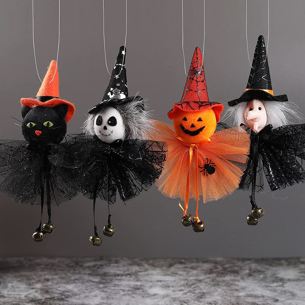 LUOZZY 4Pcs Halloween Pumpkin Doll with Bells - Spooky Witch Ghost Hanging Decorations for Halloween Party, Home, Yard & Porch Decor