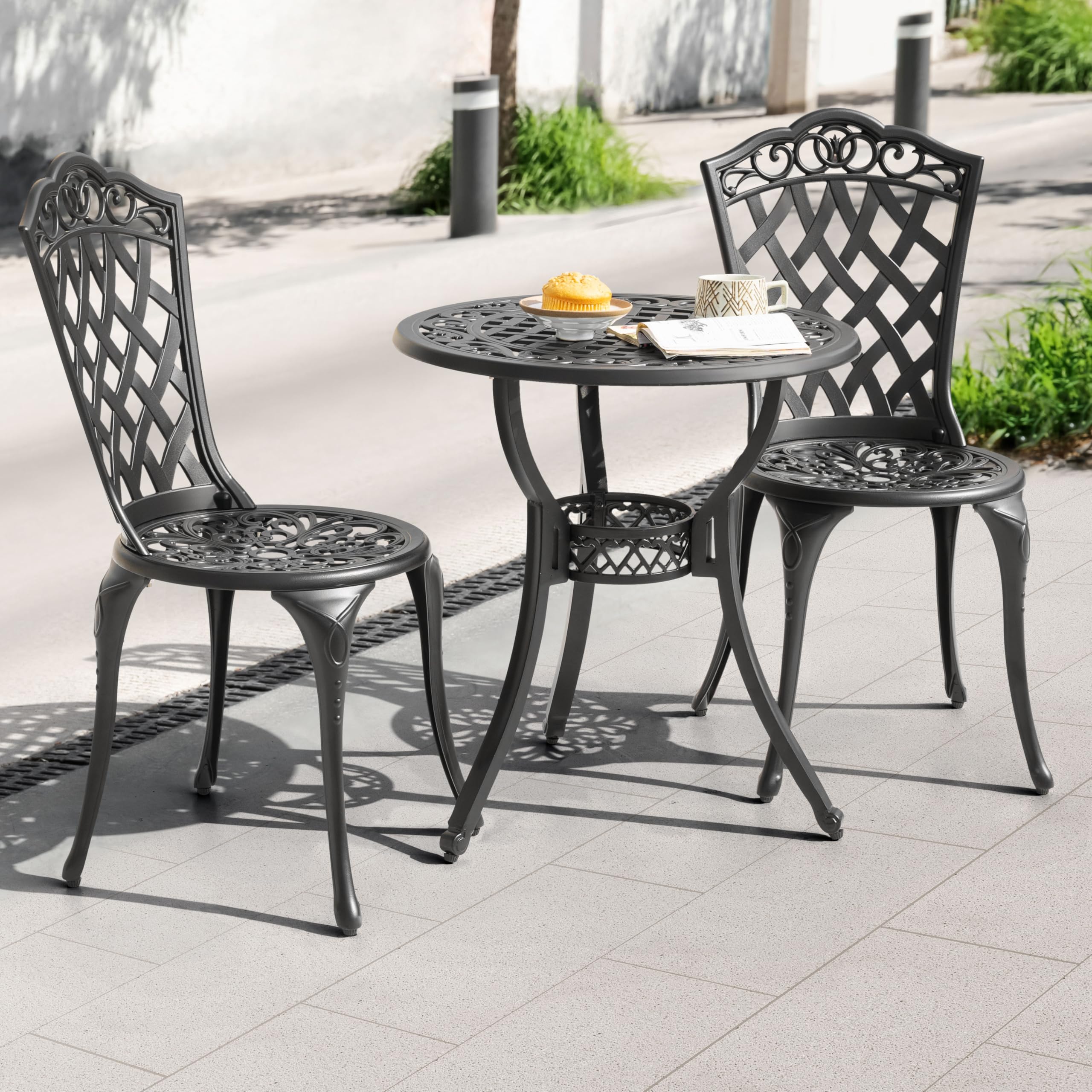 NUU GARDEN 3-Piece All-Weather Cast Aluminum Outdoor Bistro Set - Patio Table & 2 Chairs with Umbrella Hole - Perfect for Yard, Garden, Balcony, Deck or Poolside Dining (Black)
