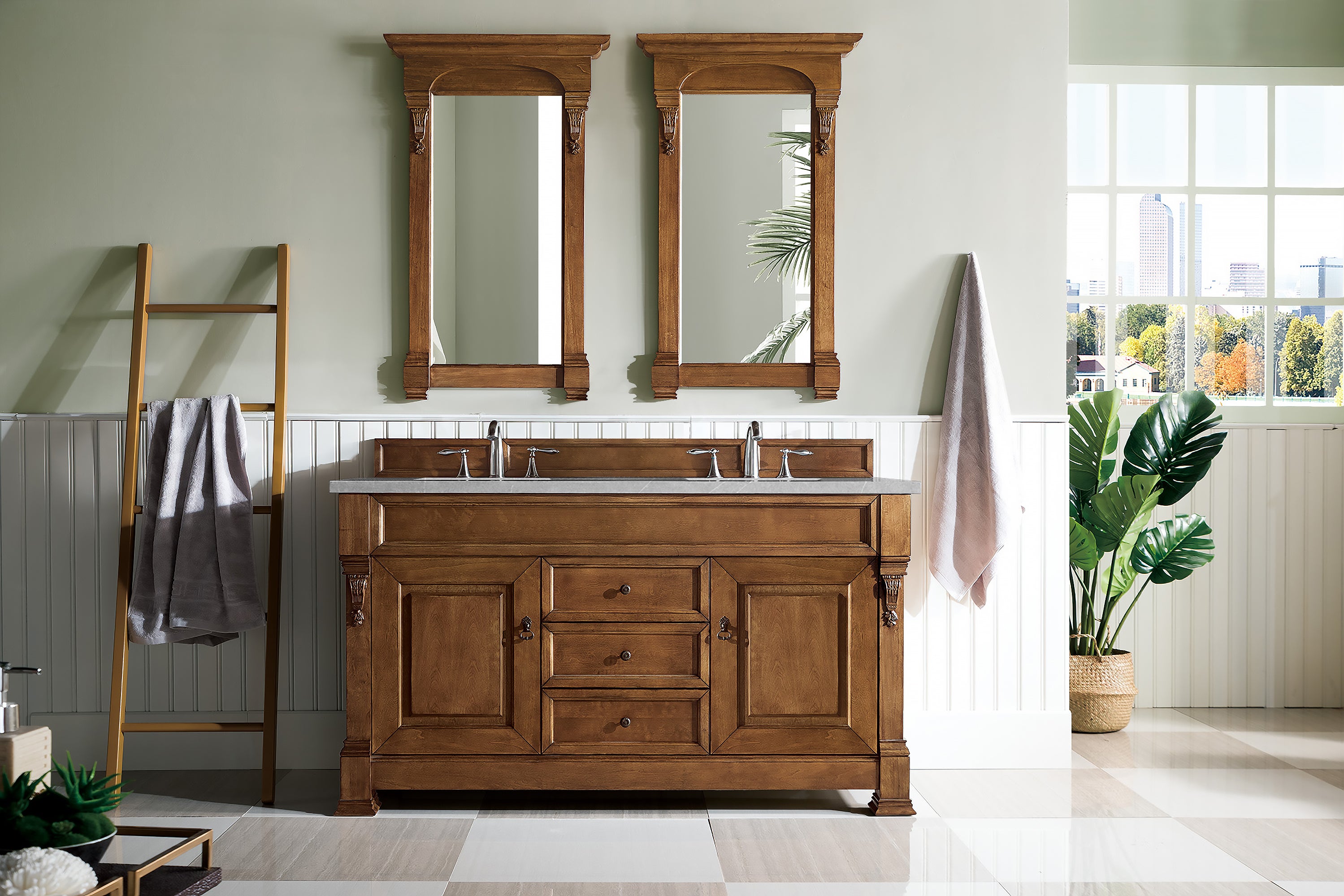 Brookfield 60-Inch Double Vanity Bathroom Sink with Country Oak Cabinets & 3CM Eternal Serena Quartz Countertop - Perfect for Master Bathrooms and Luxury Home Renovations