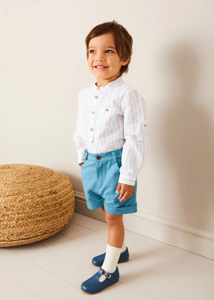 Red Striped Mao Collar Long Sleeve Shirt for Kids (3-10 Years) - Stylish Chinese-Inspired Top for School, Parties & Family Photos