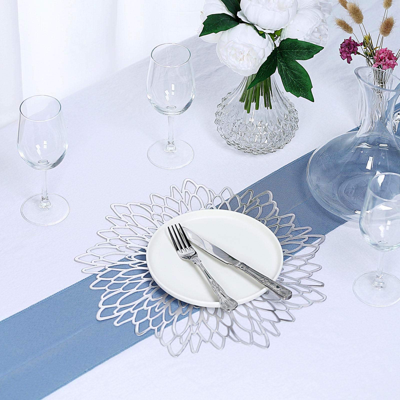 6 Pack Floral Vinyl Placemats 15 Inch - Non Slip Dining Table Mats for Kitchen & Restaurant - Elegant Silver Decor for Home, Party & Wedding Use
