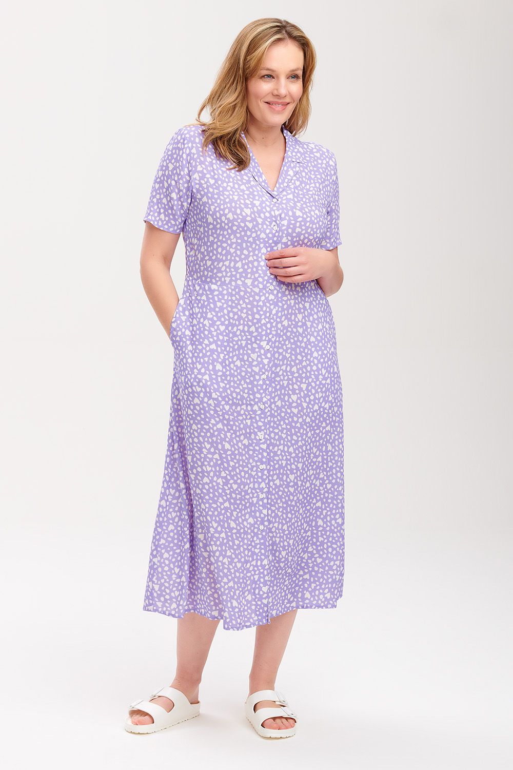 Eileen Midi Shirt Dress with Animal Print and Pastel Love Heart Design in Lilac - Perfect for Casual Outings, Date Nights and Spring Fashion
