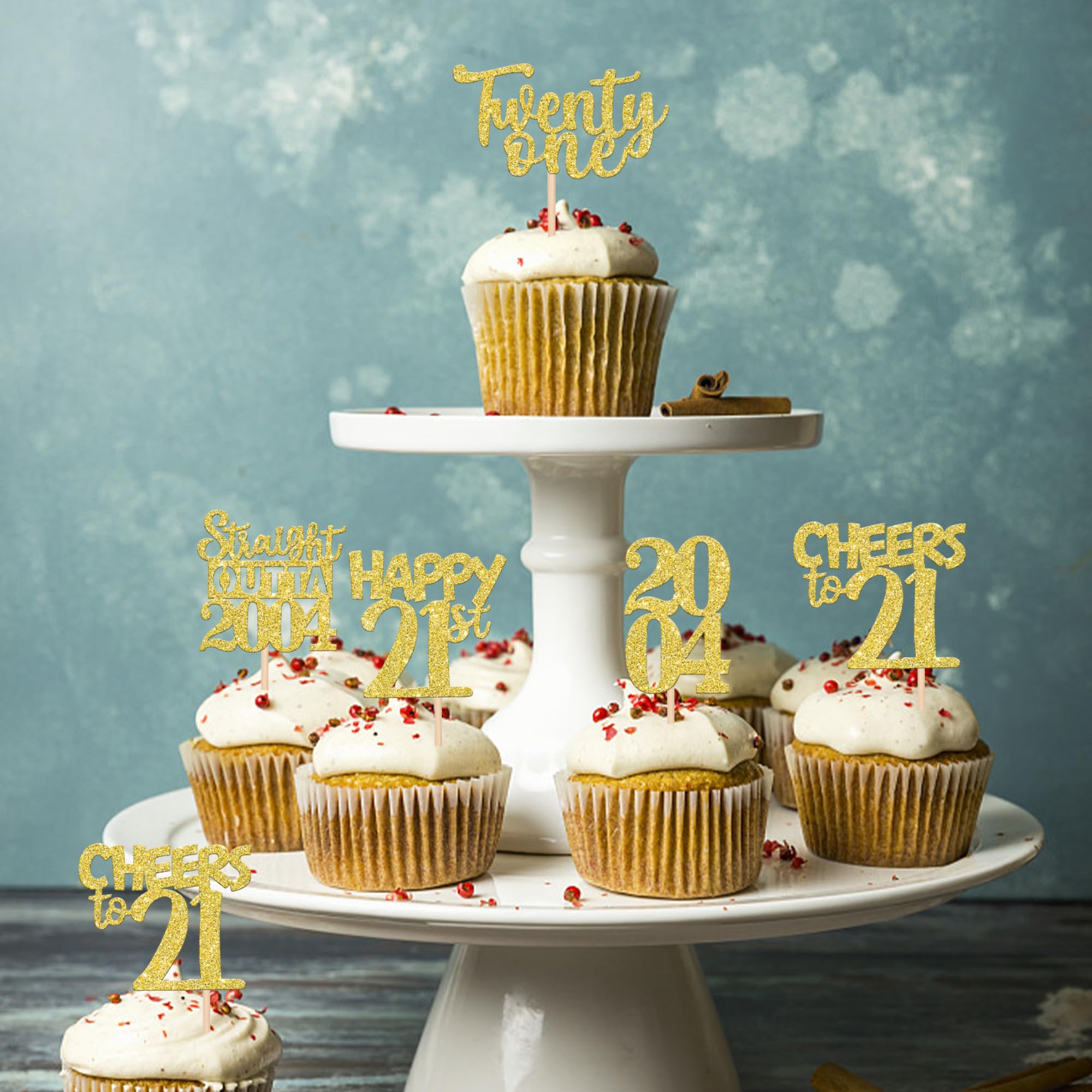 30PCS Gold Glitter 21st Birthday Cupcake Toppers - Cheers to 21 Years Cake Decorations for 20th Birthday Party Supplies | Perfect for Anniversary Celebrations, Milestone Parties, and Festive Dessert Decor