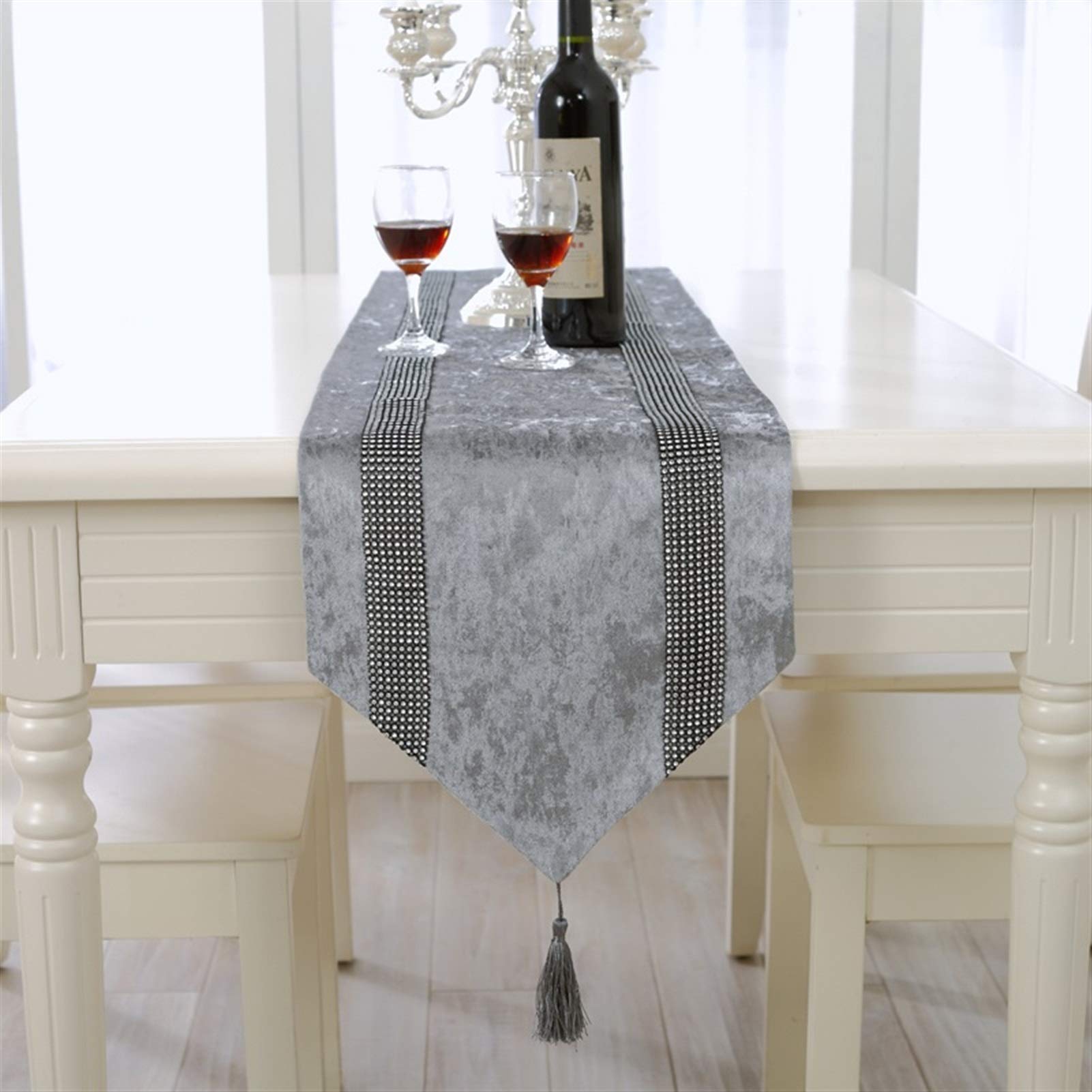 Luxury Velvet Table Runner with Diamante Strip & Tassels - Geometric Pattern Dining Table Decor for Wedding, Party, Holiday - Soft Coffee Table Runner for Home Decor (4 Colors) - Perfect for Christmas, Thanksgiving & Formal Dining Settings