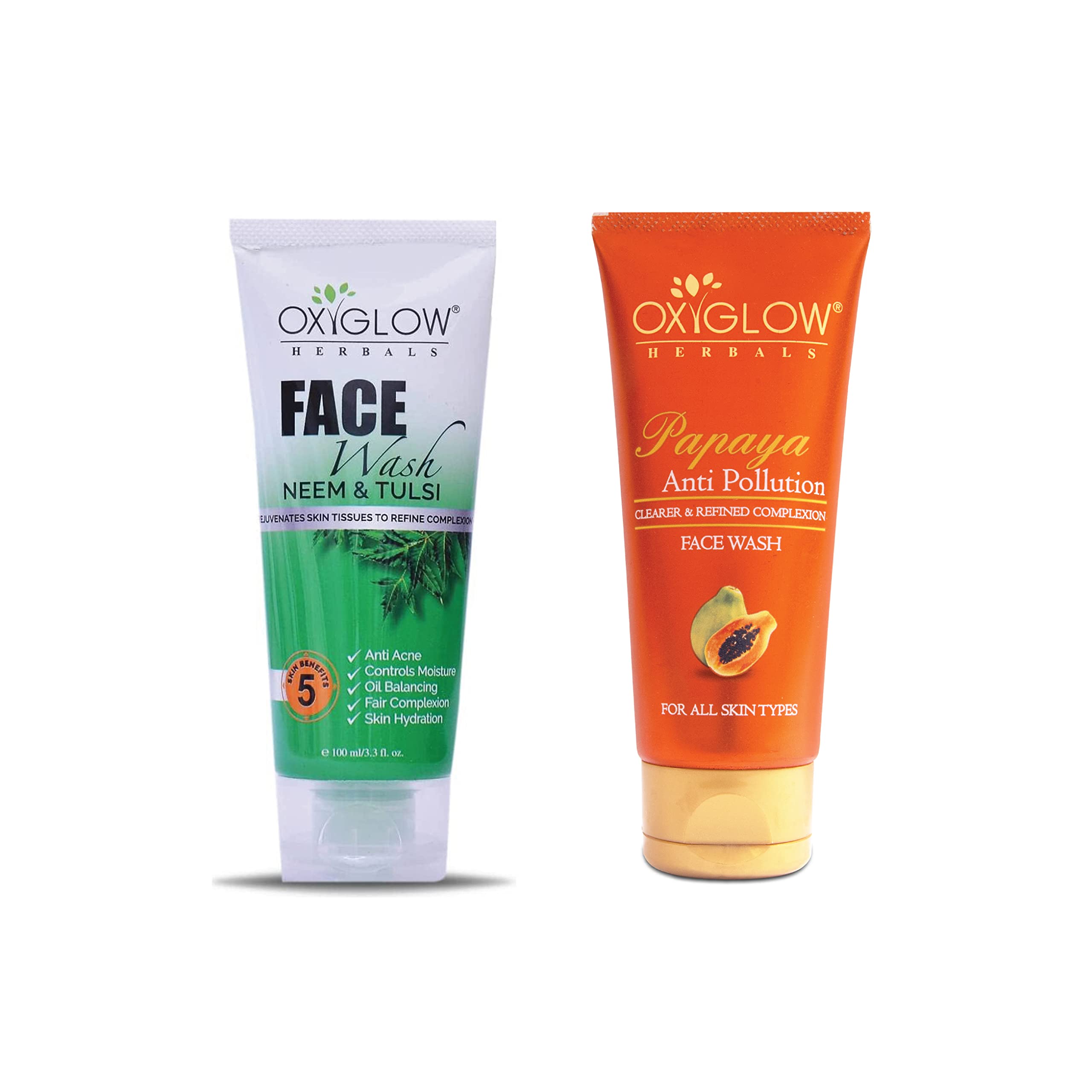 OxyGlow Herbals Neem Tulsi & Papaya Face Wash Combo Pack - 100gm Each | Natural Ayurvedic Cleanser for Acne & Glowing Skin | Perfect for Daily Skincare Routine & Travel