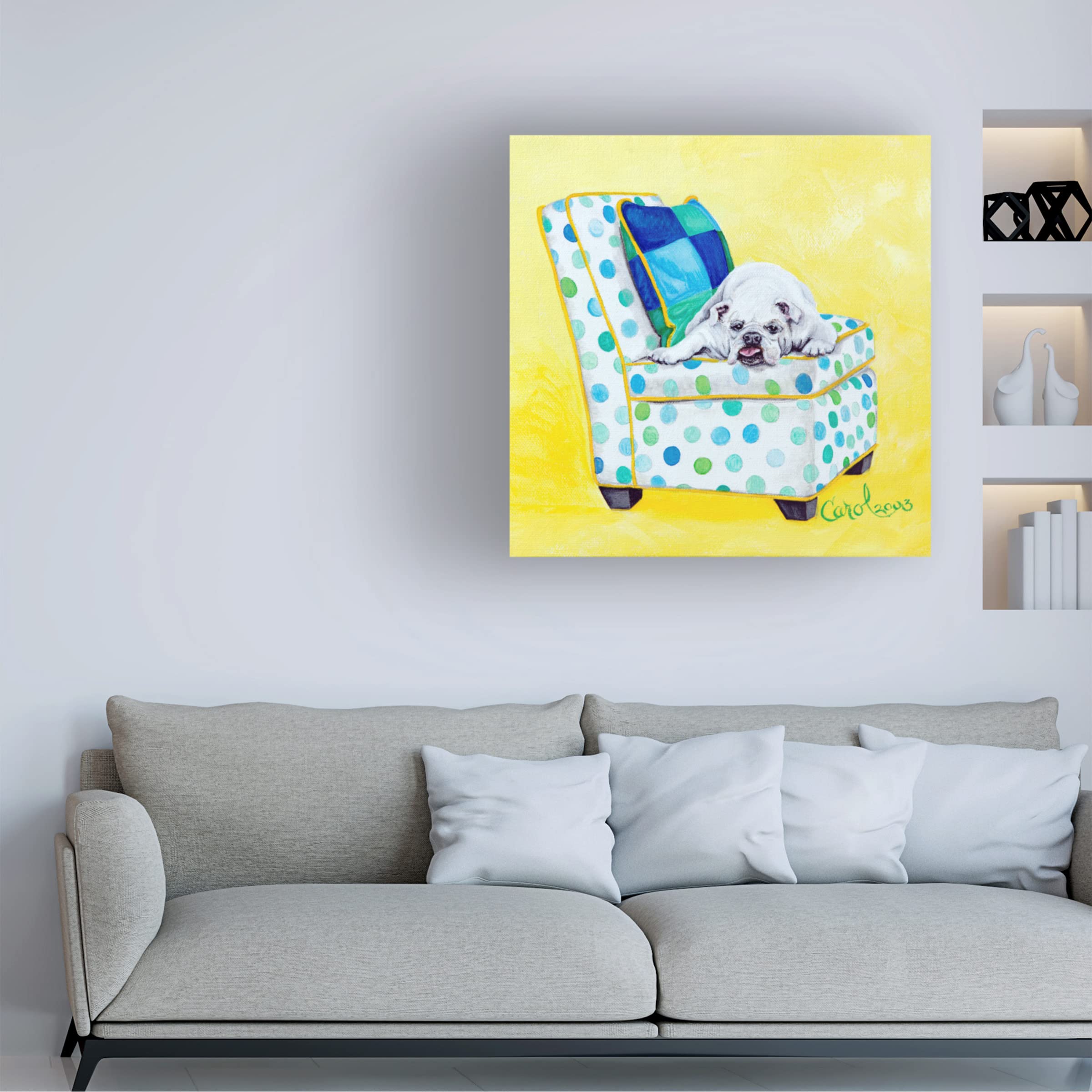 Trademark Fine Art 'Bulldog on Polka Dots' Canvas Wall Art by Carol Dillon - Modern Dog Painting for Living Room, Bedroom & Office Decor