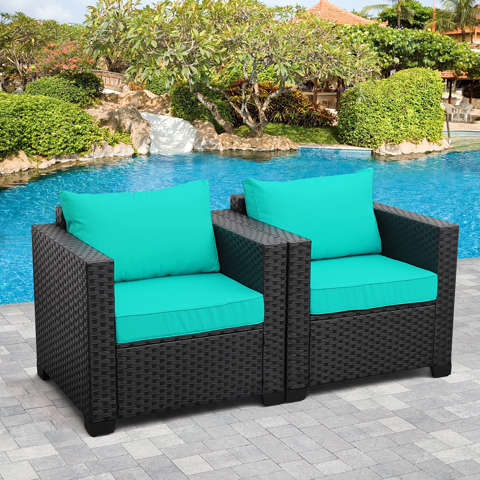 Rattan Outdoor Furniture Club Chair Set of 2 - Patio Single Sofa Chairs with Anti-Slip Cushions & Waterproof Cover - Turquoise Accent Chairs for Garden, Poolside & Backyard Relaxation