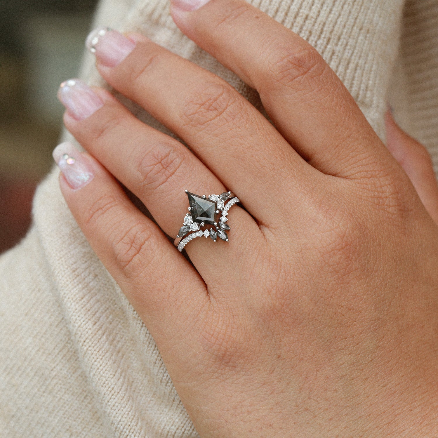 Exquisite Kite Cut Salt and Pepper Diamond Cluster Engagement Ring Set (2-Piece) | Unique Rebecca Collection | Perfect for Weddings, Proposals & Anniversary Gifts