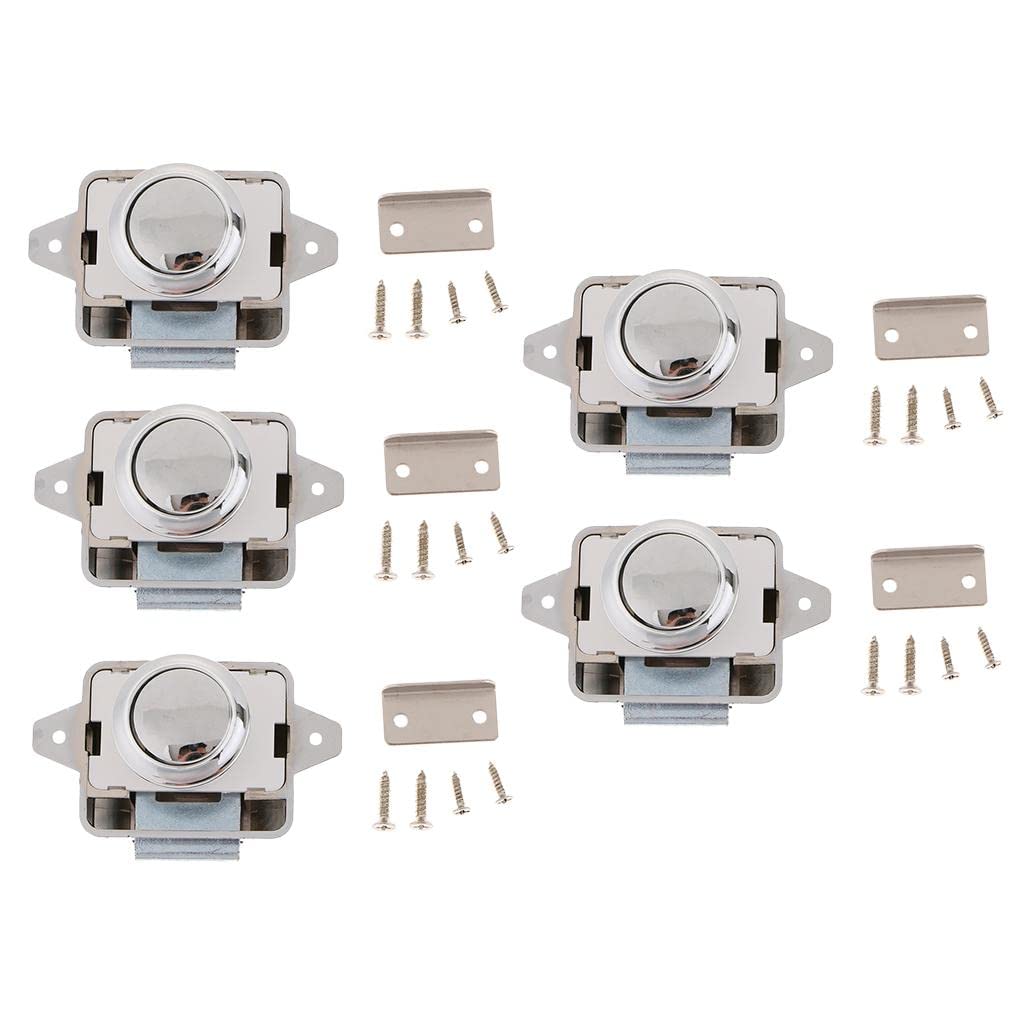 MERIGLARE 5-Pack Push Button Drawer Latch Lock - Silver Cabinet Door Catch for Kitchen, RV, Motorhome & Furniture (Easy Installation, Secure Storage)