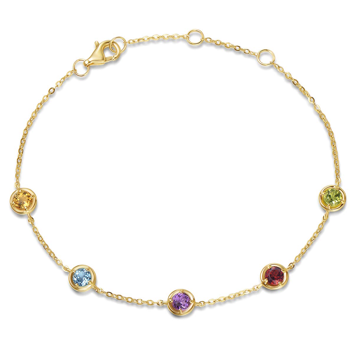 14K Solid Gold Minimalist Charm Bracelet with Natural Gemstones - Amethyst, Peridot, Blue Topaz, Citrine & Garnet | Dainty Jewelry Gift for Women & Girls | Perfect for Everyday Wear, Special Occasions & Gifting