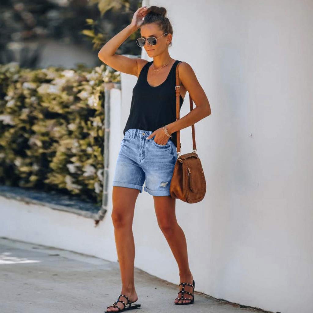 Women's Ripped Denim Shorts - Distressed Stretchy Jeans for Summer Casual Wear
