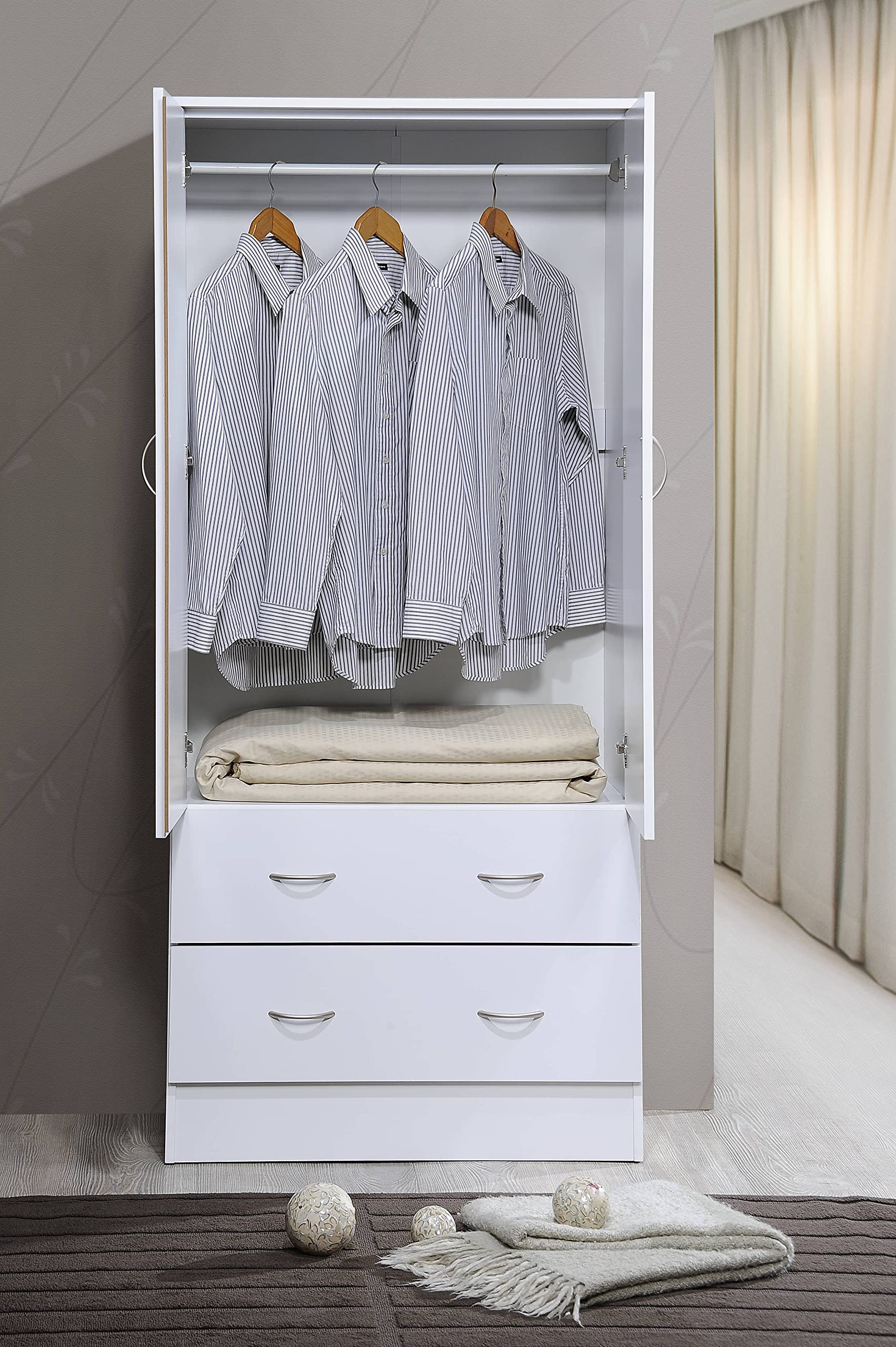 HODEDAH 2 Door Wood Wardrobe Closet with Hanging Rod & 2 Storage Drawers - White | Freestanding Bedroom Cabinet for Clothes Organization & Home Storage
