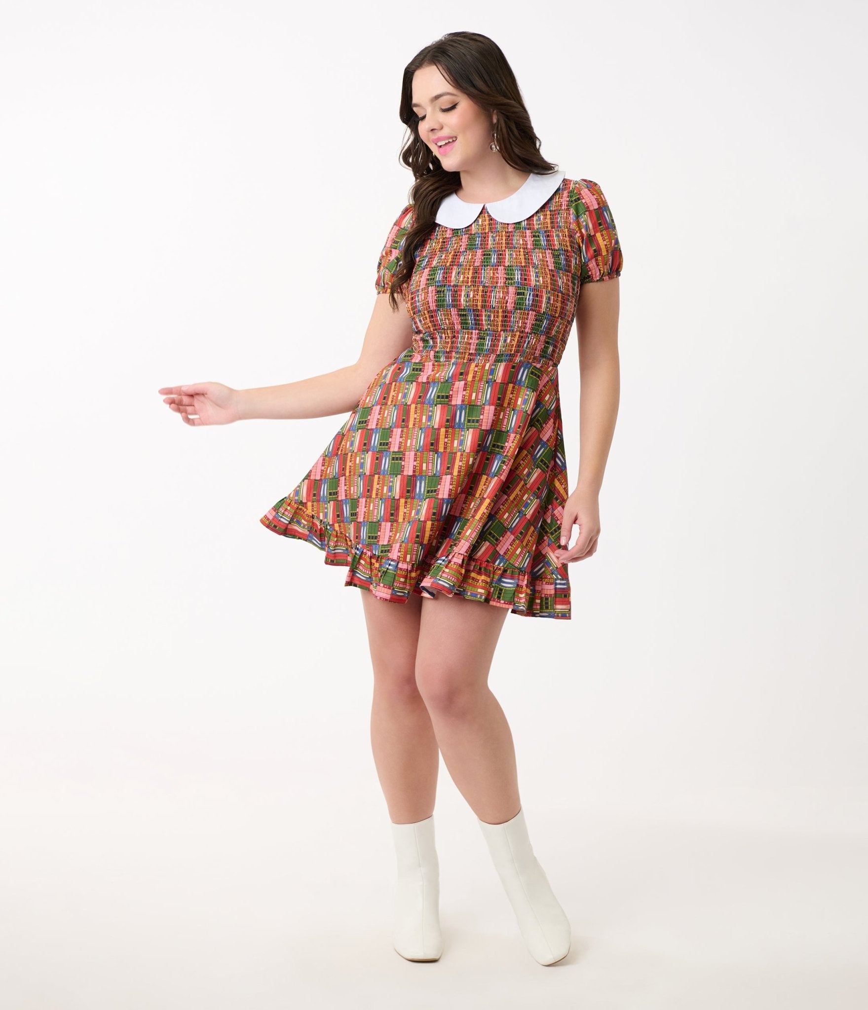 Smak Parlour Library Shelves Print Smocked Fit & Flare Dress - Vintage Inspired Floral Summer Dress for Women | Perfect for Garden Parties, Brunch Dates & Office Wear