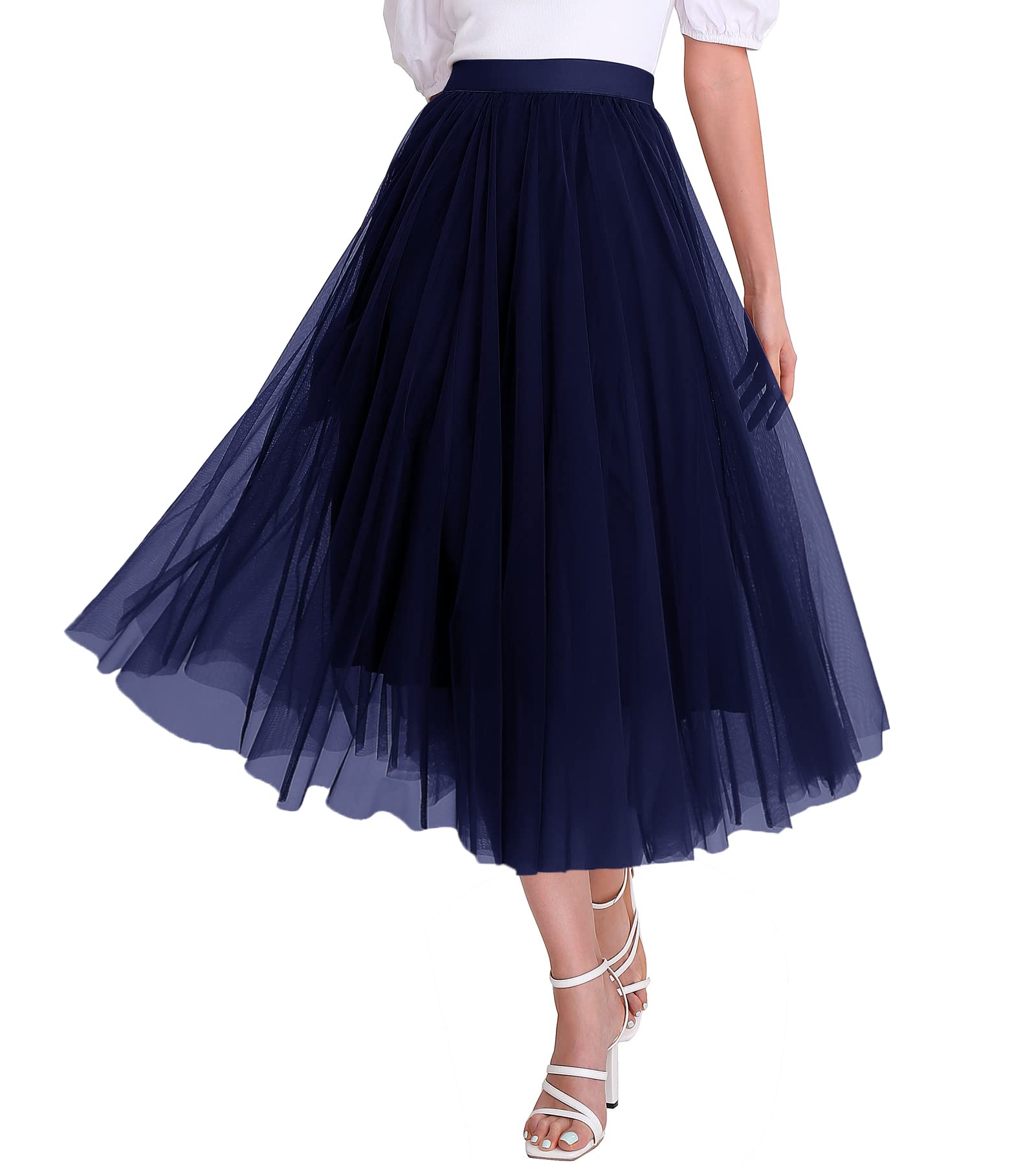Women's High Waist Tulle Midi Skirt - Elastic Waistband, Pleated Flowy A-Line Tutu Skirt for Party, Wedding, Prom, Dance, Photo Shoot & Special Occasions