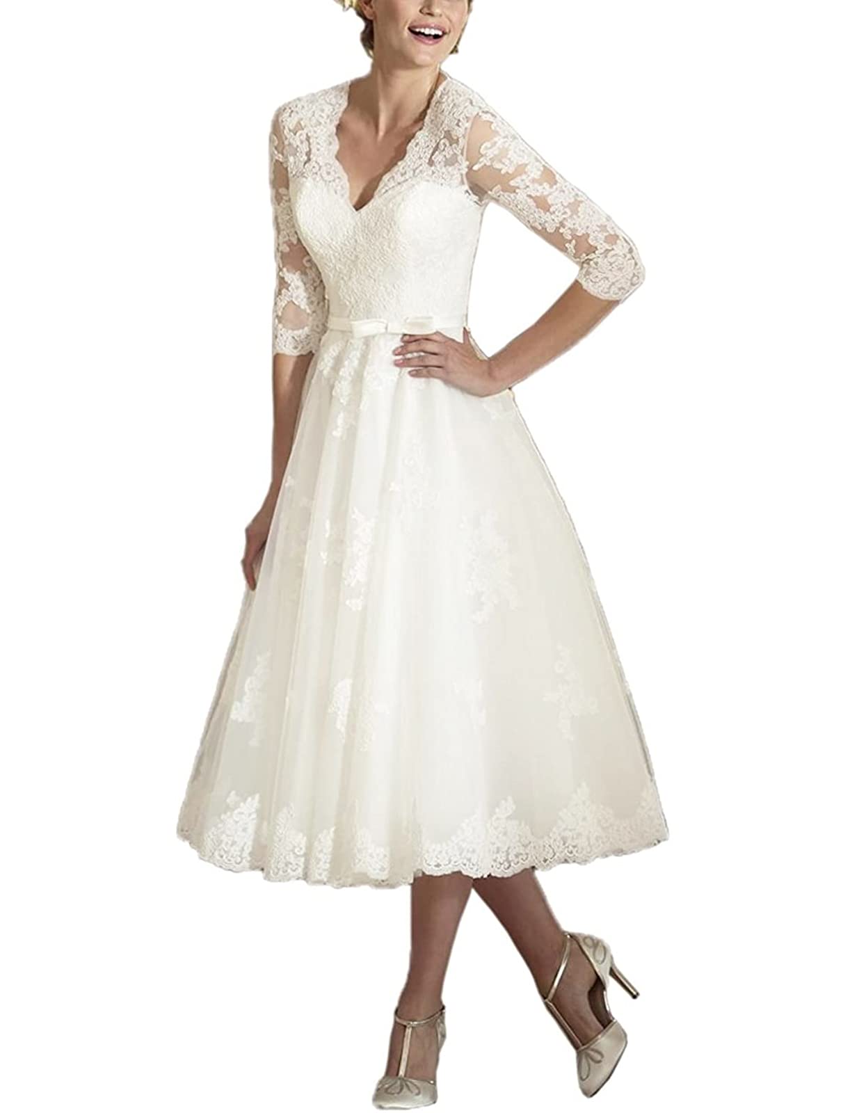 Elegant V-Neck Tea-Length Wedding Dress for Women - Long Sleeve Lace Bridal Gown for Bride | Perfect for Beach, Garden & Vintage Theme Weddings