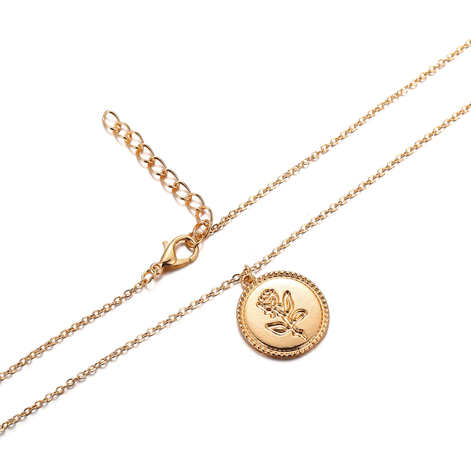 Gold Alloy Rose Flower Lava Rock Pendant Necklace for Women - Elegant Round Disc Coin Jewelry with Natural Stone - Perfect for Date Night, Wedding & Everyday Wear