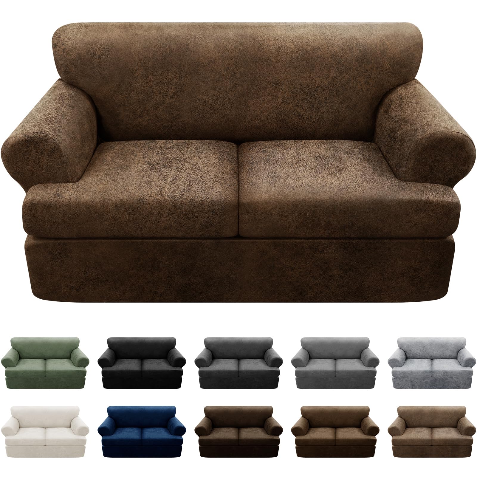 3-Piece T-Cushion Loveseat Slipcovers - Faux Leather Sofa Cover for 2-Cushion Couches - Stretchable Furniture Protector with 2 Individual Seat Covers (Brown) - Perfect for Living Room, Office, and Apartment Decor
