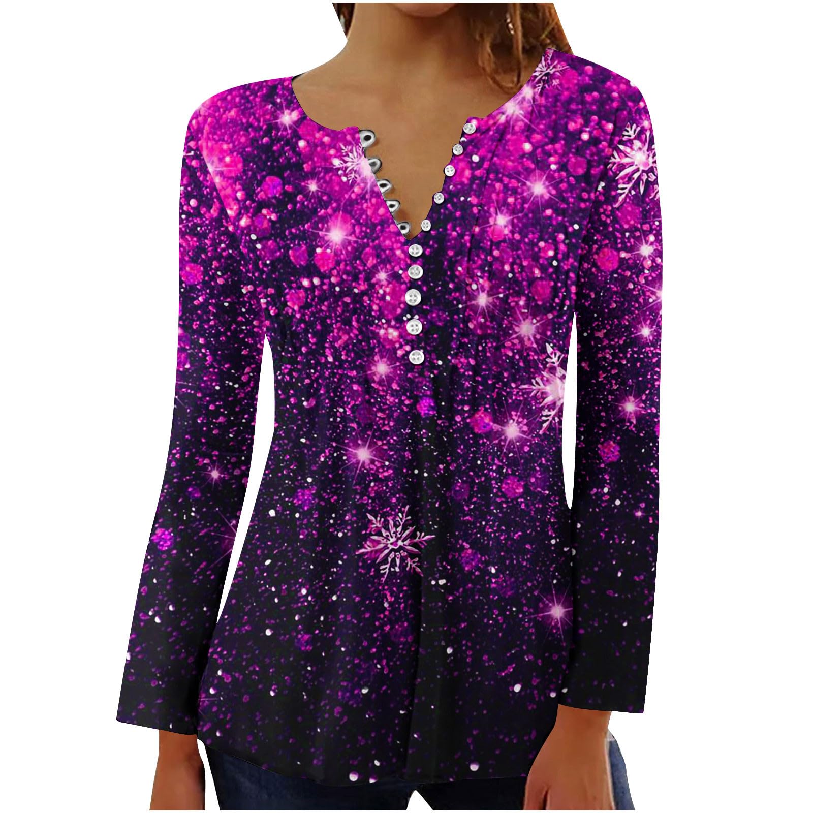 3D Printed Christmas Sweatshirts for Women - Long Sleeve Tunic Tops with Buttons & Snowflake Designs | Flowy Henley Blouses for Leggings | Casual & Dressy Holiday Wear (Perfect for Christmas Parties, Family Gatherings & Winter Outfits)
